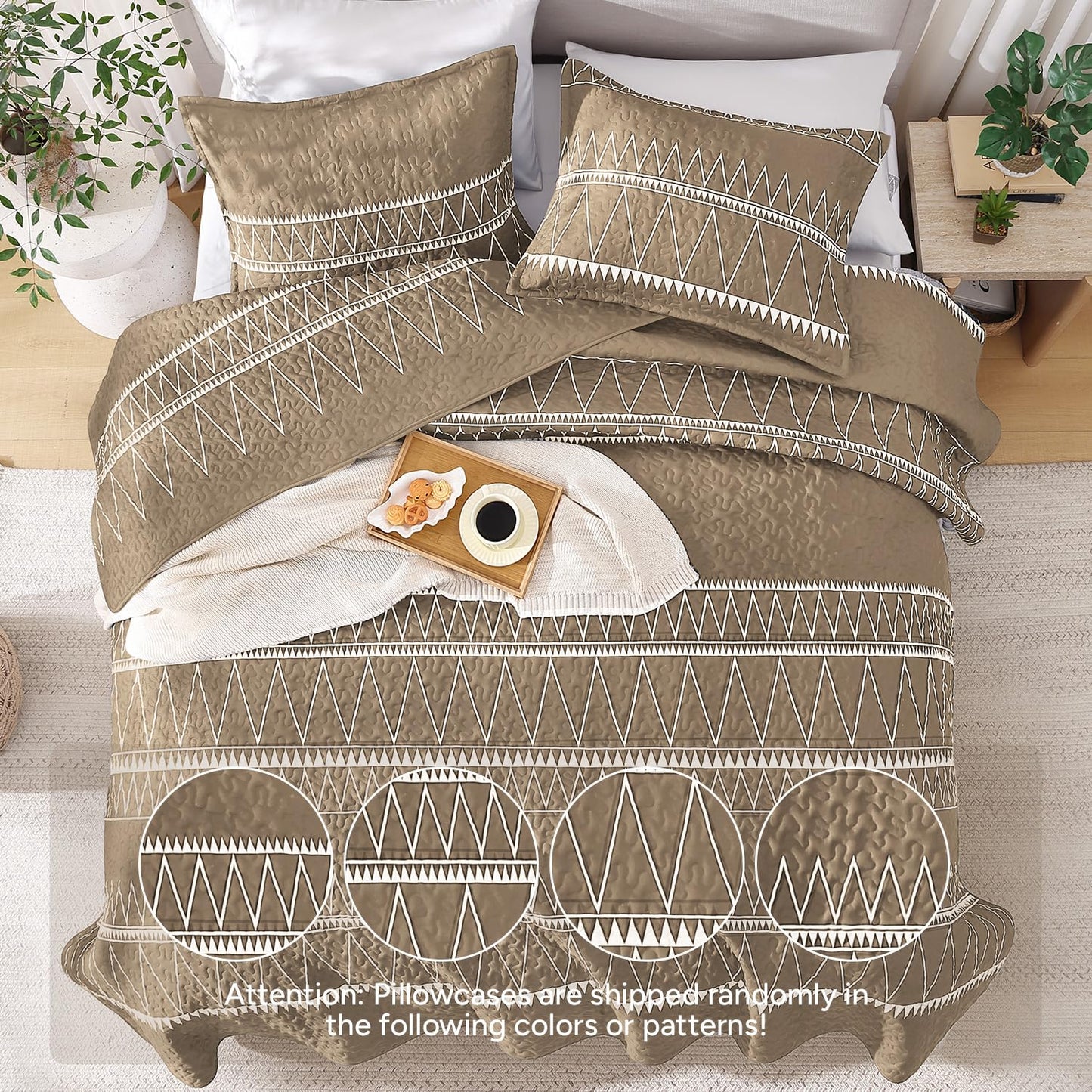 Andency Taupe California King Quilt Set, 3 Pieces Boho Lightweight Soft Striped Cal King Bedspread for All Season (112"x104"), Printed Bohemian Polyester Reversible Coverlet Comforter Sets