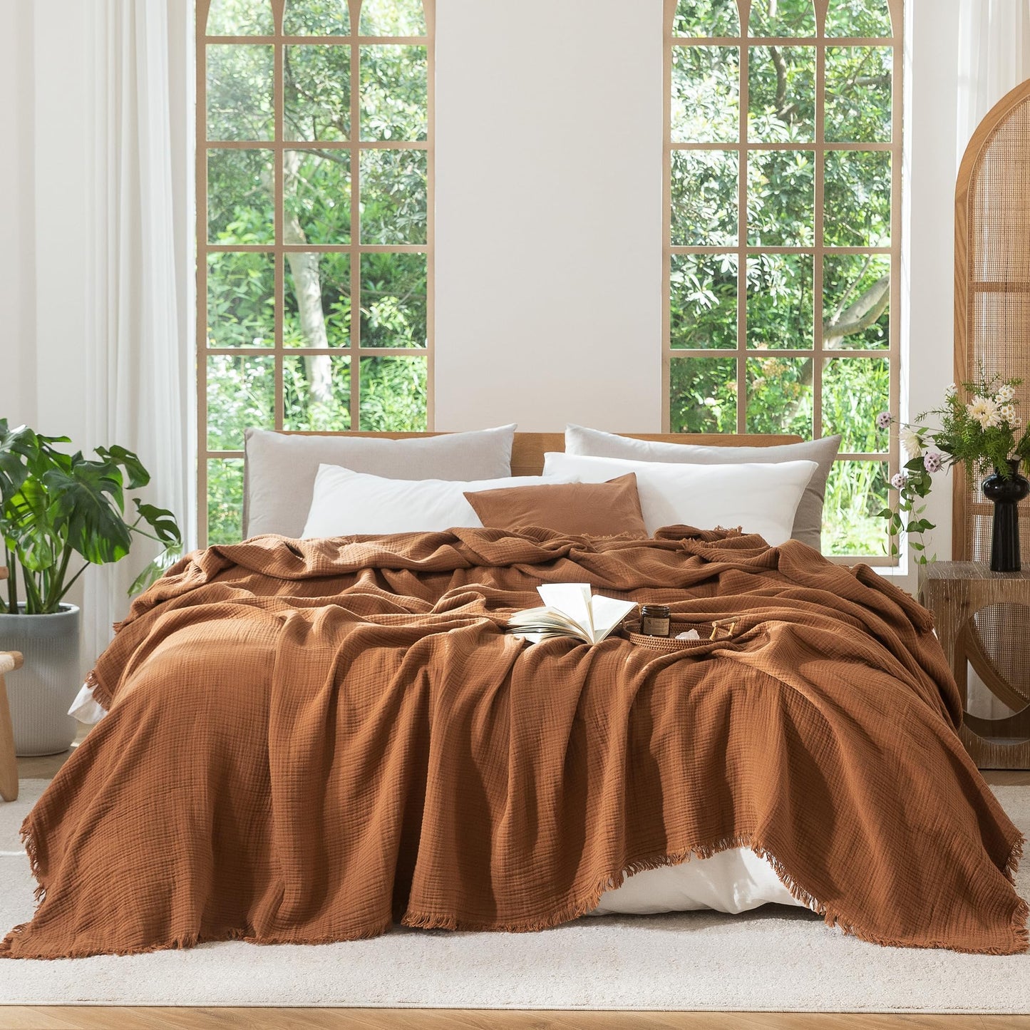 MooMee Muslin Blanket - 100% Cotton 4-Layer Gauze Throw Blanket with All-Around Fringe, Soft Breathable Lightweight Cooling Summer Blankets for Bed Couch (Drak Orange,Queen 90" x 90")