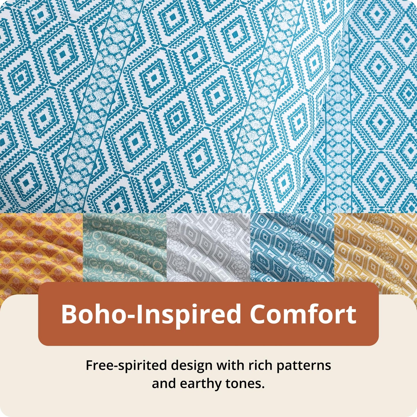 Indigo Ink Queen Size 4-Piece Sheet Set - Fitted & Flat Sheets & Pillowcases, Medium Weight, Soft & Breathable, Durable & Wrinkle Resistant, Deep Pocket Sheets, Tribal Jade Collection Enamel Blue