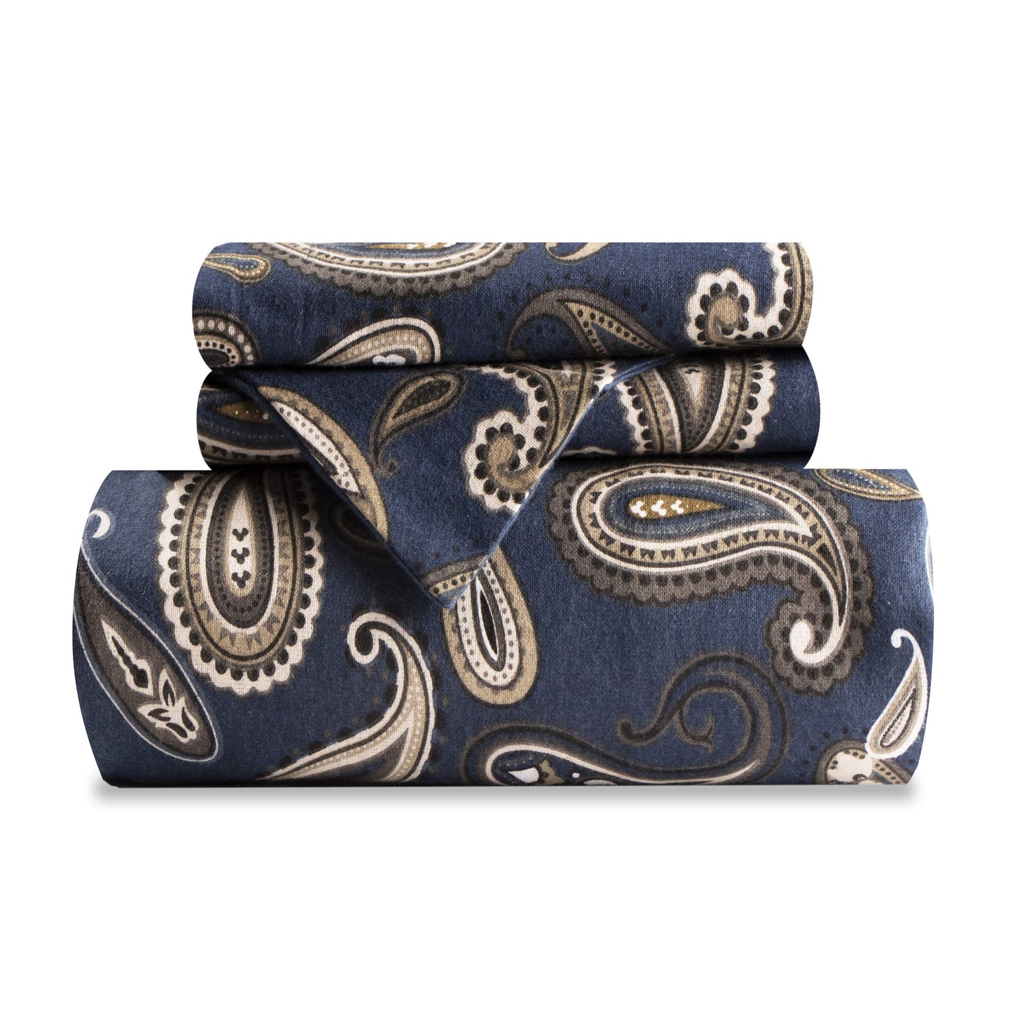 Superior Paisley Flannel Cotton Duvet Cover Set, Warm Fuzzy Comforter Cover, Cozy Soft Floral Bedding Essentials, Secure Button Closure, Includes 1 Duvet Cover, 2 Pillow Shams, Full/Queen, Navy Blue