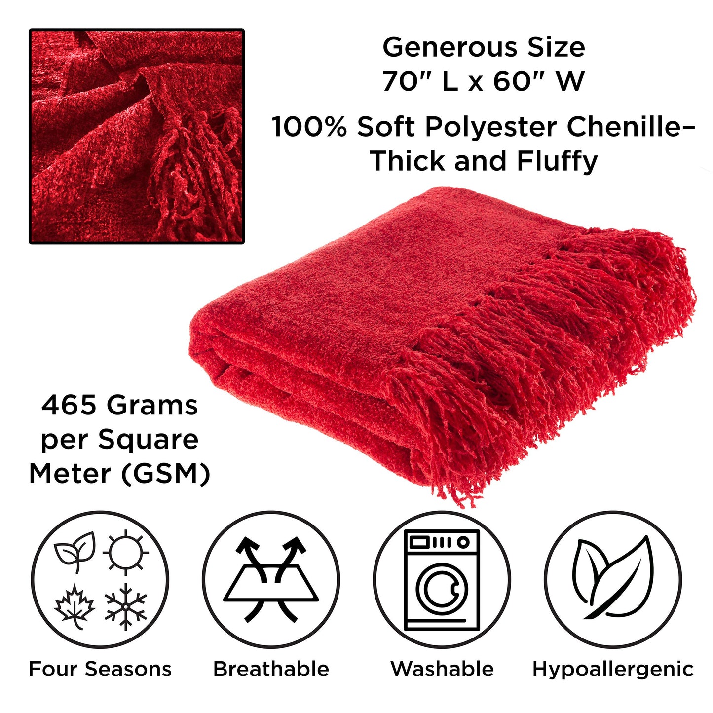 Chenille Throw Blanket- For Couch, Home Décor, Bed, Sofa & Chair-Oversized 60” x 70”- Lightweight, 5” Fringe, Ultra-Soft & Shiny in Lagoon Teal by LHC, Vineyard Red