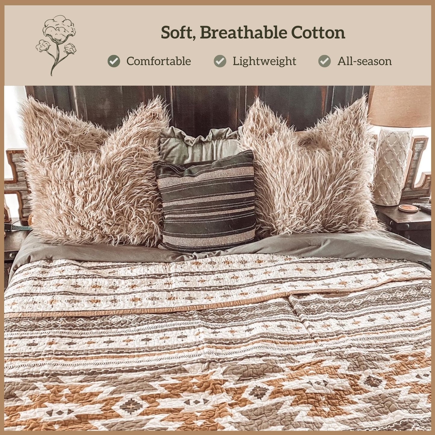 Paseo Road Desert Sage King Quilt Set, 3 Piece Rustic Western Bedding Set with Pillow Sham, Lightweight Reversible Cotton Quilt with Southwestern Aztec Pattern, Soft Breathable Cozy Boho Bedding