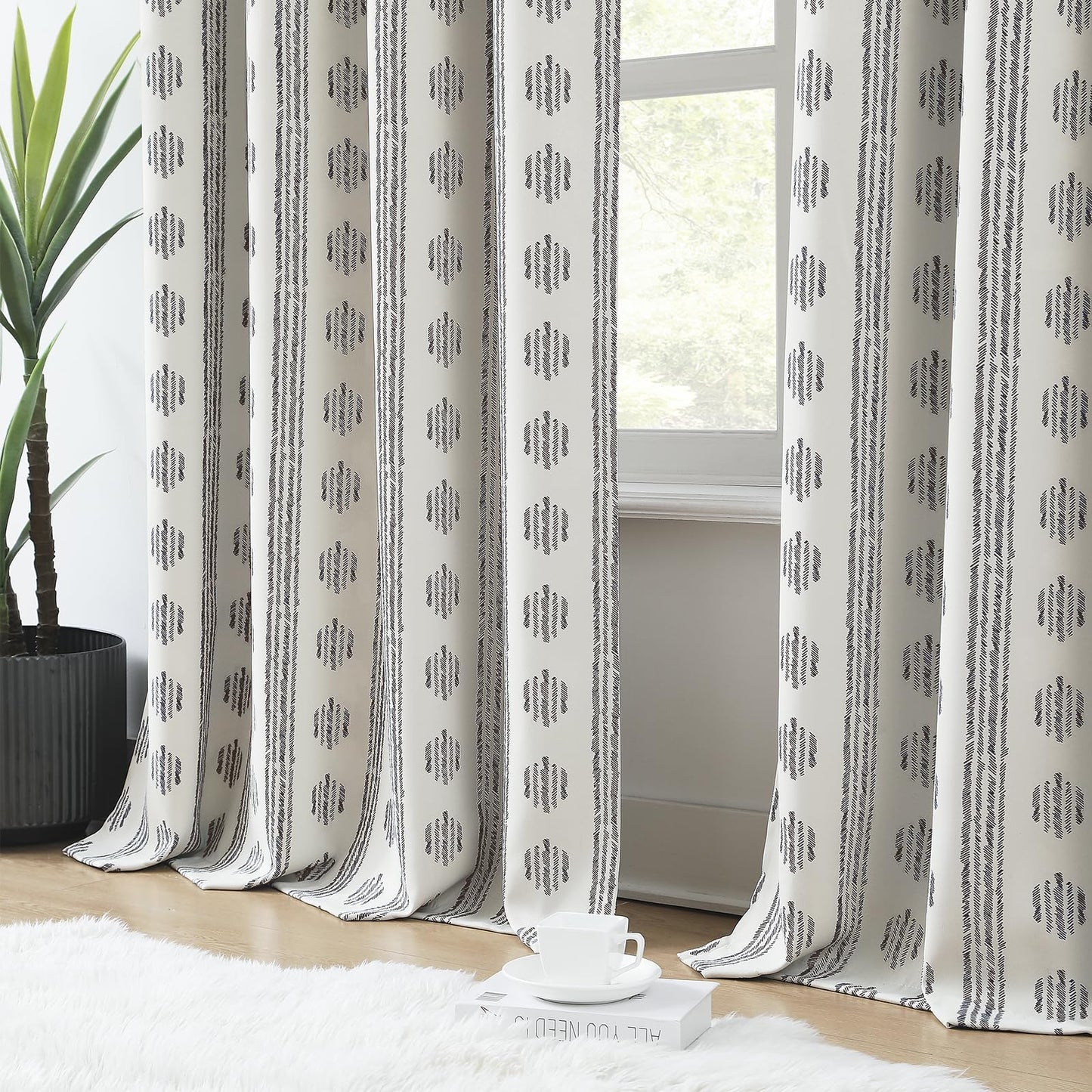 Melodieux Blackout Boho Curtain 84 Inch Long for Bedroom 1 Panel Extra Wide Cotton Curtains Black on Beige Striped Pattern Bedroom Curtains Grommet Room Darkening Thermal Insulated