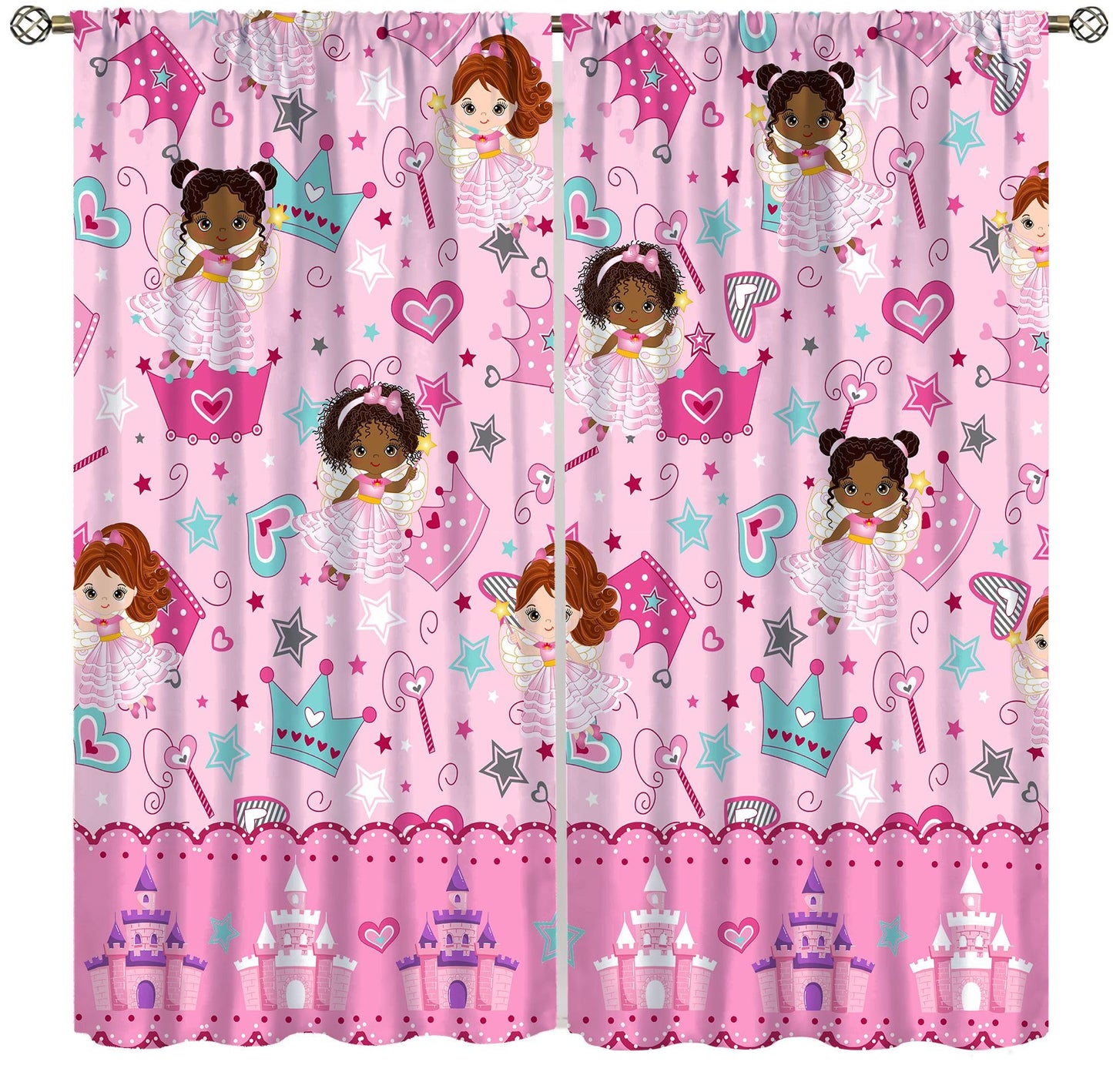 AAVEUP Kids Black Girls Curtains,Cartoon Pink Fantasy Magic Princess Castle Star Love African American Black Girl Window Treatments Drapes for Girls Living Room Bedroom 42x45in（No Blackout）