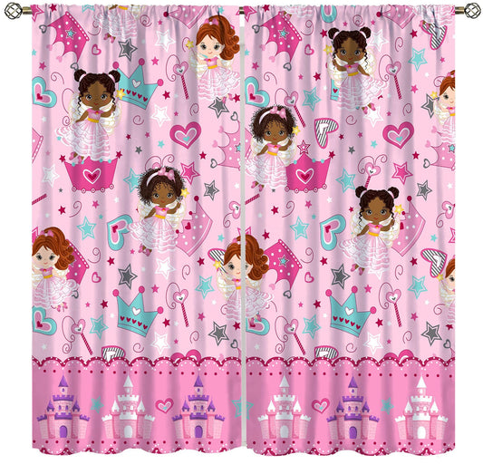 AAVEUP Kids Black Girls Curtains,Cartoon Pink Fantasy Magic Princess Castle Star Love African American Black Girl Window Treatments Drapes for Girls Living Room Bedroom 42x45in（No Blackout）