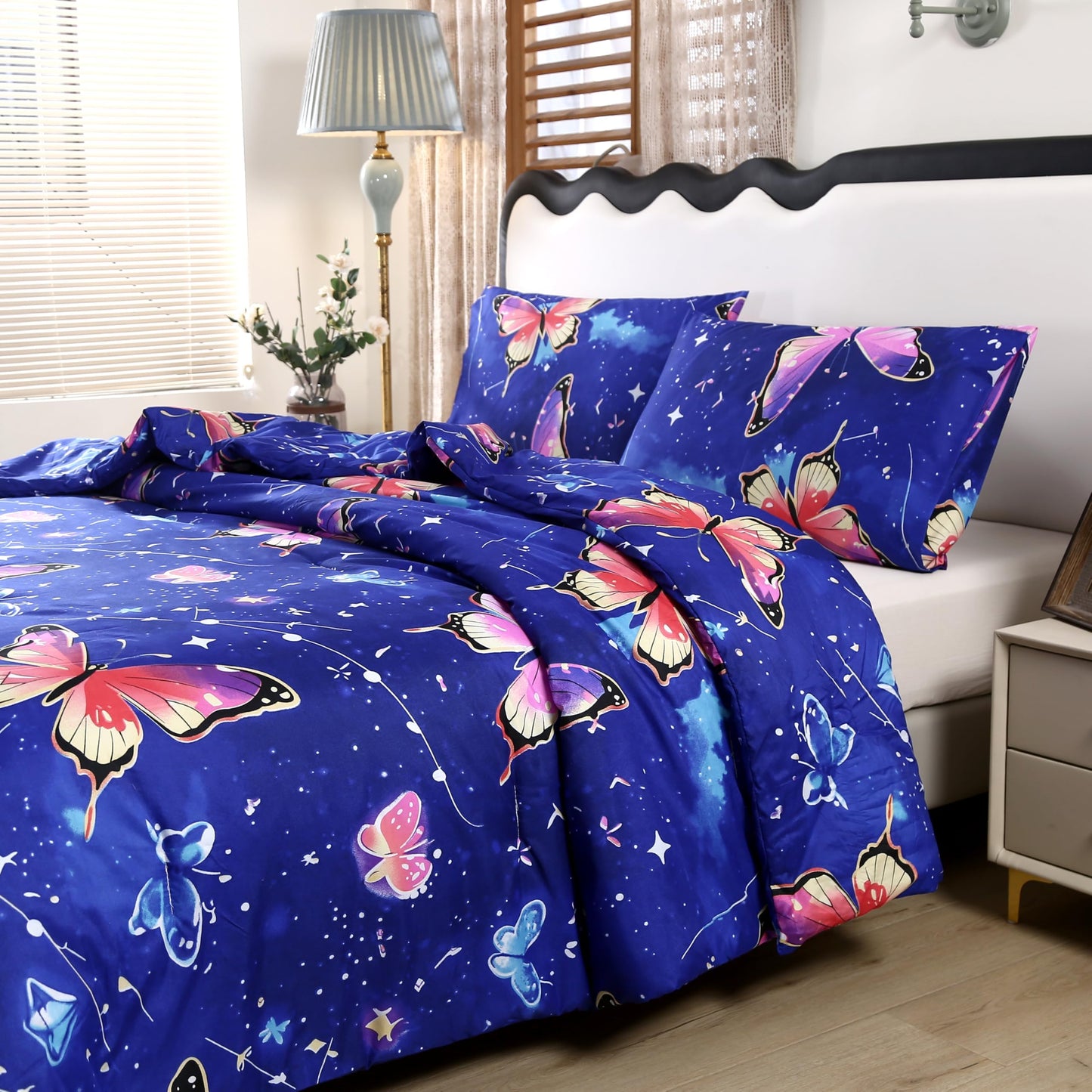 MAG 3Pcs Butterfly Twin Comforter Set,Microfiber Butterfly Twin Bedding Sets,Blue Cute Cartoon Style Pattern,All Season with 1 Comforter + 2 Pillowcases for Kids Boys and Girls,Breathable and Wrinkle.