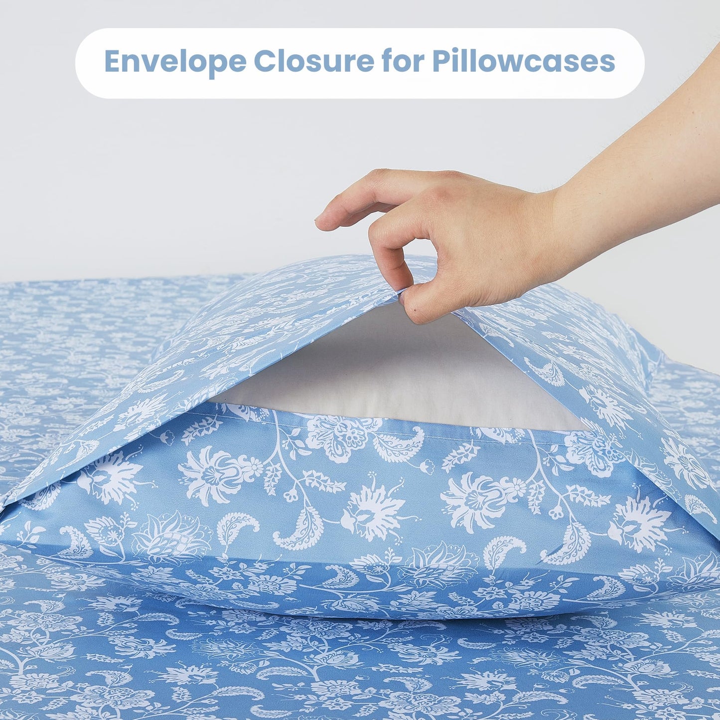 Mooreeke Cozy Vintage Microfiber Printed Full Sheet Set - Soft & Breathable Percale Blue Paisley Bed Sheets with Extra Deep Pocket - Non-Slip Fitted Design - Blue Flower Pattern - Full
