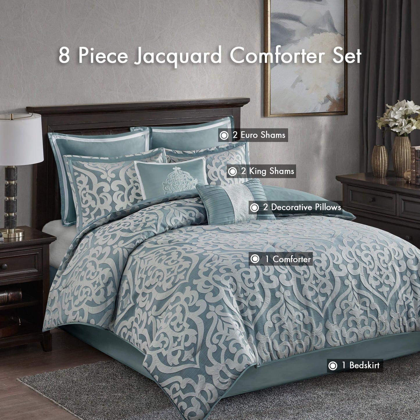 Madison Park Odette Cozy King Size Comforter Set Jacquard Damask Medallion Design - Modern All Season, Down Alternative Bedding, Shams, Decorative Pillows, King(104 in x 92 in), Aqua