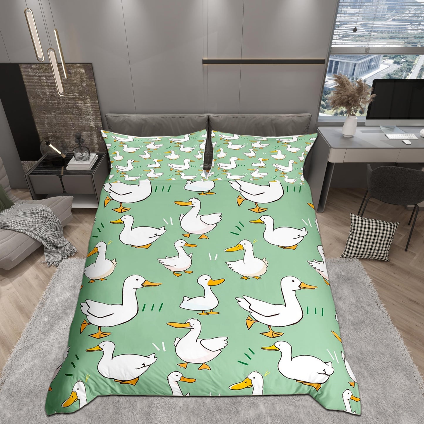 Cartoon Duck Duvet Cover Set Full Size,Cute Farmhouse Livestock Animal Comforter Cover with 2 Pillowcases,Lovely Green Natural Themed Bedding Set for Girls Teens Present, Soft Microfiber