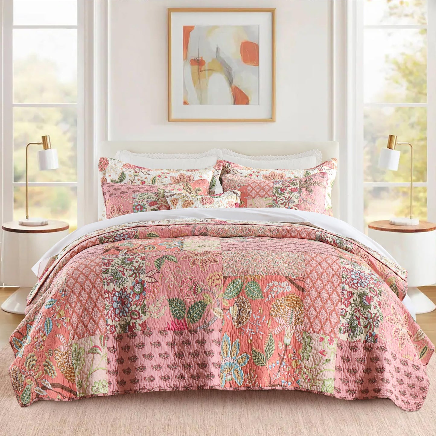 Etwel 100% Cotton Patchwork Queen Size Quilt Set - Lightweight Breathable Reversible Bedspread for Hot Sleepers, Farmhouse Bedding Set with 2 Pillow Shams for All Season (90"x90", Pink Floral)