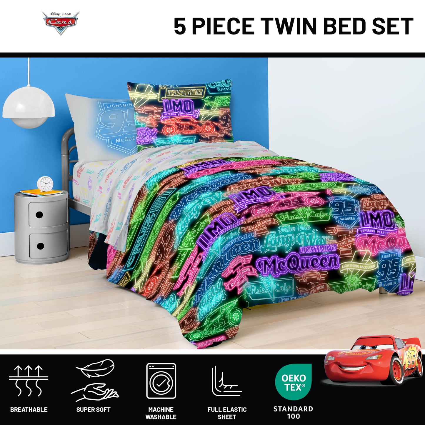 Jay Franco Kids Bed Set, Black, Cars, 5 Piece Twin
