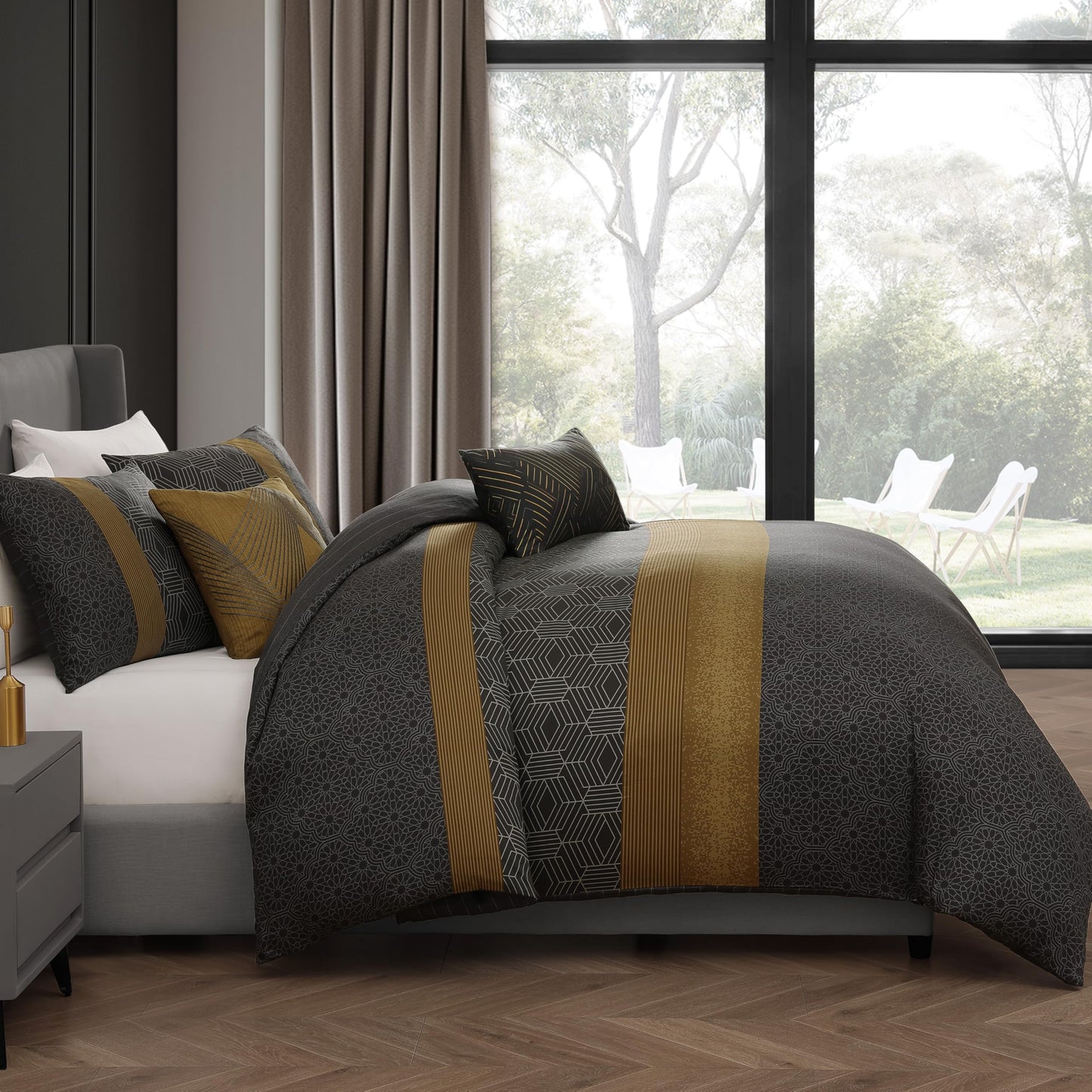 Bebejan Golden Hex 5 Piece Comforter Set, 100% Cotton Sateen, 220 Thread Count, Grey Reversible Bedding Comforter Set, 1 Comforter, 2 Shams & 2 Pillows (King/Cal King)