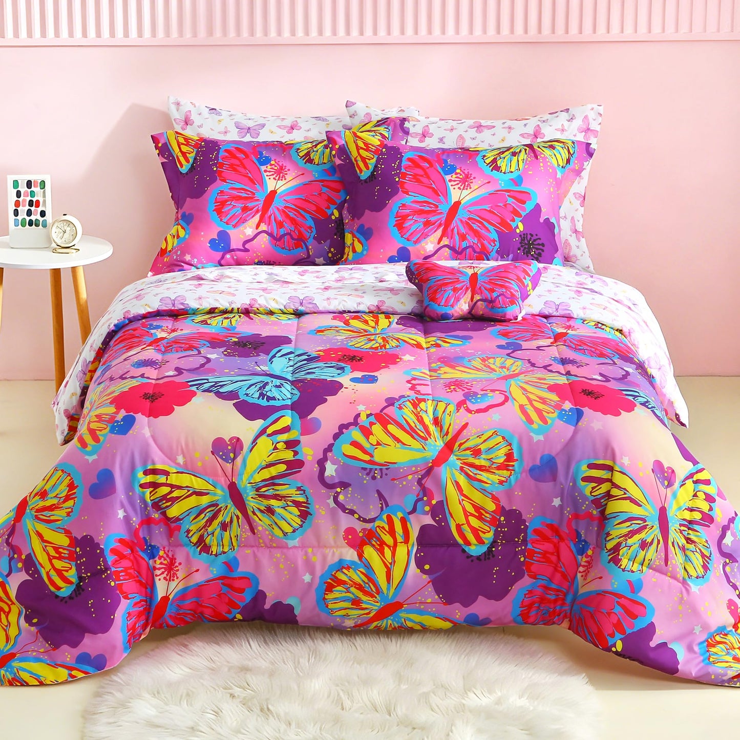 Mooreeke Kids Twin Comforter Sets for Girls 6 Pieces Pink Purple Bedding Set for Teens Microfiber Butterfly Kids Bed in A Bag with Comforter, Sheet Set, Shams and Decorative Toy Pillow