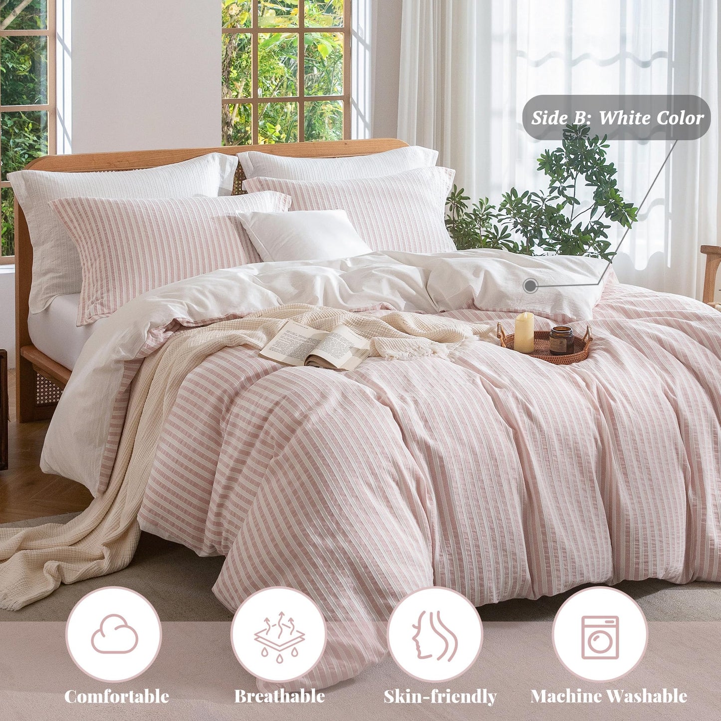 MILDLY Pink Striped Duvet Cover - 100% Washed Cotton Boho Jacquard Textured Comforter Cover Set 3pcs with Dual Zipper Closure & 8 Corner Ties Soft & Lightweight for All Season 90"x90"