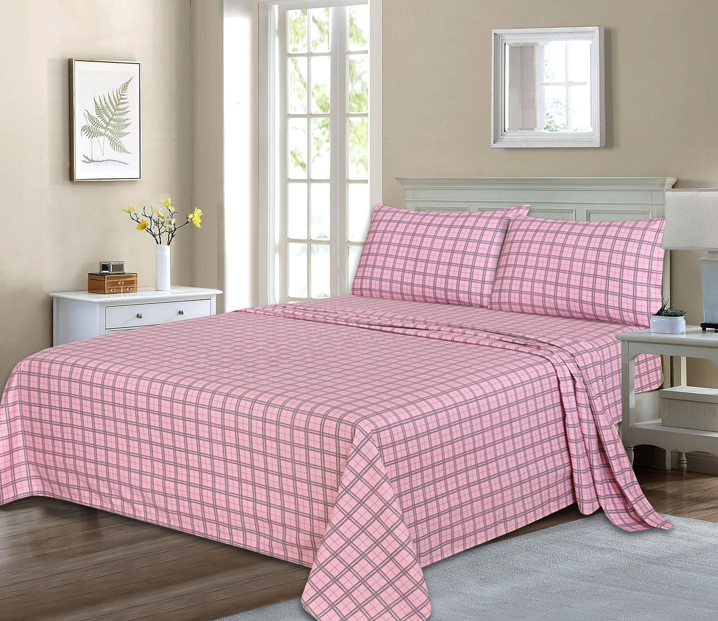 RUVANTI Flannel Sheets Queen Size - 100% Cotton Double Brushed Bed Sheets, Deep Pockets 16 Inches Queen Sheet Set, All Seasons Breathable & Extra Soft - Warm & Cozy, 4 Piece, Check & Bolt Pink