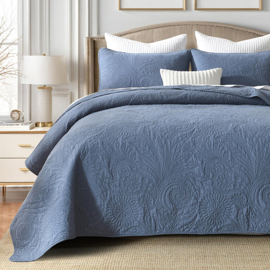AJOCCI Cotton Queen Size Comforter Set，Solid Quilt Set Retro Blue Bedding，Paisley Bedspreads，Soft Cotton Quilt Solid Color Lightweight Bedspread All Seasons 3 Piece
