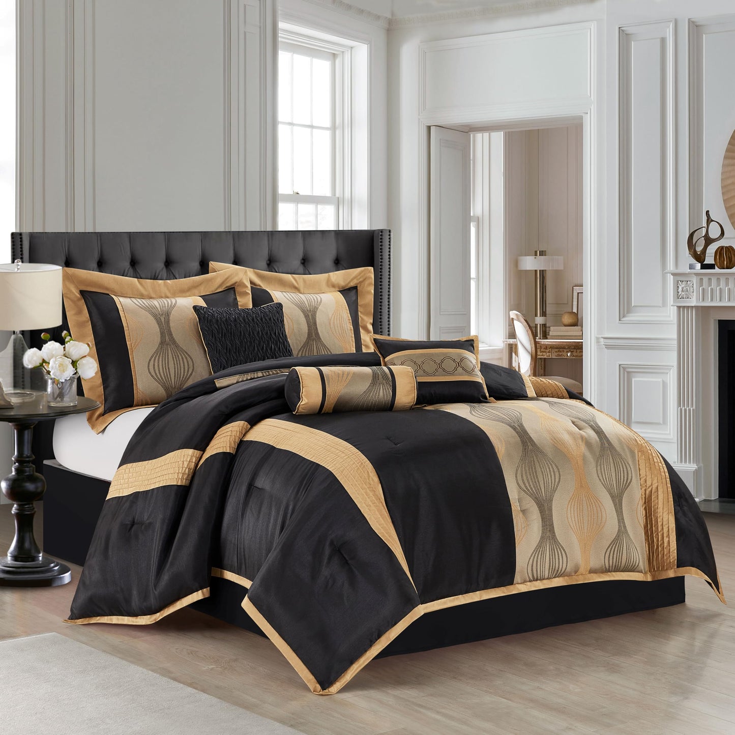 Stratford Park Black and Gold Comforter Set, 7 Pieces Jacquard Bedding Sets with Comforter, Bed Skirt, Pillows & Shams, Queen Size, Lightweight Microfiber, All Season Bedroom Home Décor