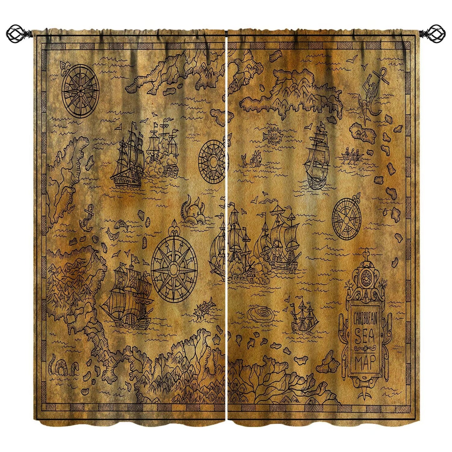 XBDDZSW Nautical Sailboat Map Curtains Sketch Pirate Ship Wheel Compass Starfish Coral Reef Nautical Map Pattern Print Window Drapes for Bedroom Living Room Kitchen Decor,2 Panel Set,42x45 Inch Decor