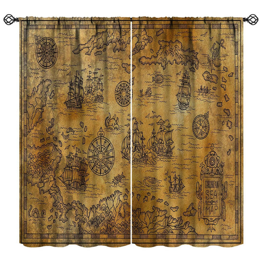 XBDDZSW Nautical Sailboat Map Curtains Sketch Pirate Ship Wheel Compass Starfish Coral Reef Nautical Map Pattern Print Window Drapes for Bedroom Living Room Kitchen Decor,2 Panel Set,42x45 Inch Decor