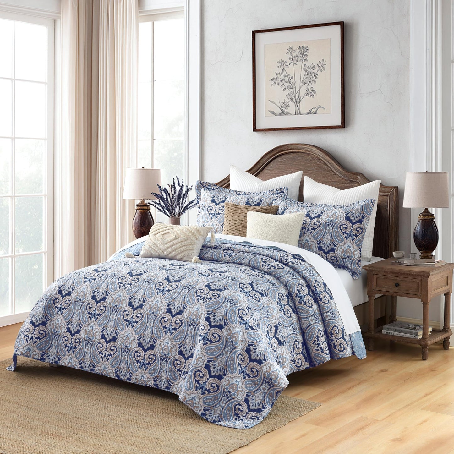 BCOTTOND Blue Paisley Queen Size Quilt Set - Reversible Paisley Beige Floral Quilts Queen Size, 100% Cotton Lightweight Bedspread Set, Luxury Quilt Bedding Set for Queen Bed, Navy Blue, 90×98