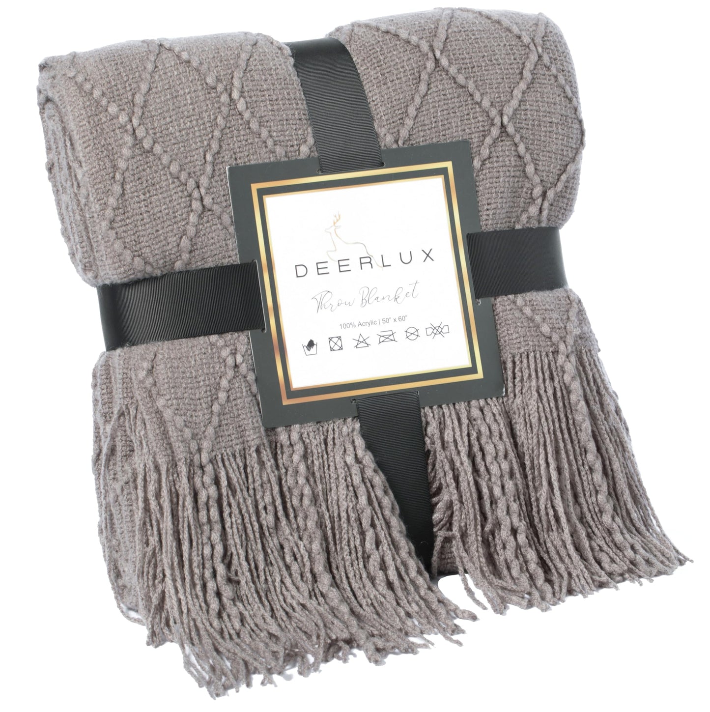 DEERLUX Knit Throw Blanket 50x60 in Diamond Pattern Design and Fringe Edges for a Cozy Touch to Your Living Space – Grey