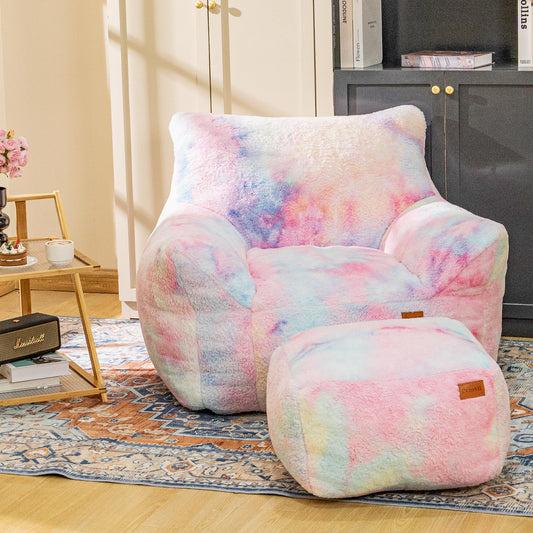 Cvortll Bean Bag Chair, Sherpa Accent Beanbag Chair and Ottoman Set, Fur Faux Bean Bag Chair with Memory Foam Filled, Lazy Sofa Comfy Cozy BeanBag Chair for Dorm, Apartment, Living Room (Colorful)