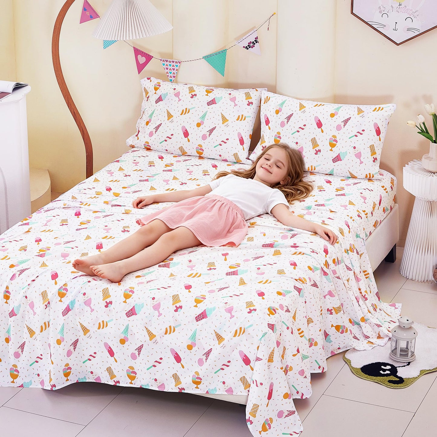 CozySmile Full Sheet Set Kids,4 Pieces Breathable Soft Microfiber Bedsheets for Child Girls, Oeko-TEX, Anti Pilling Deep Pockets Easy Care Bed Sheets, Ice crea