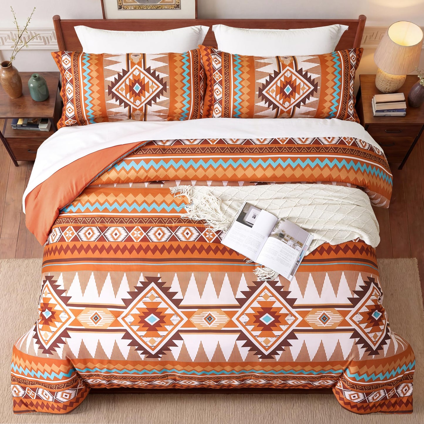 Tyrot Burnt Orange King Size Comforter Set – 3 Piece Boho Aztec Western Bedding Sets, Soft Lightweight Comforter for All Seasons, Southwestern Style, 1 Comforter & 2 Pillow Shams