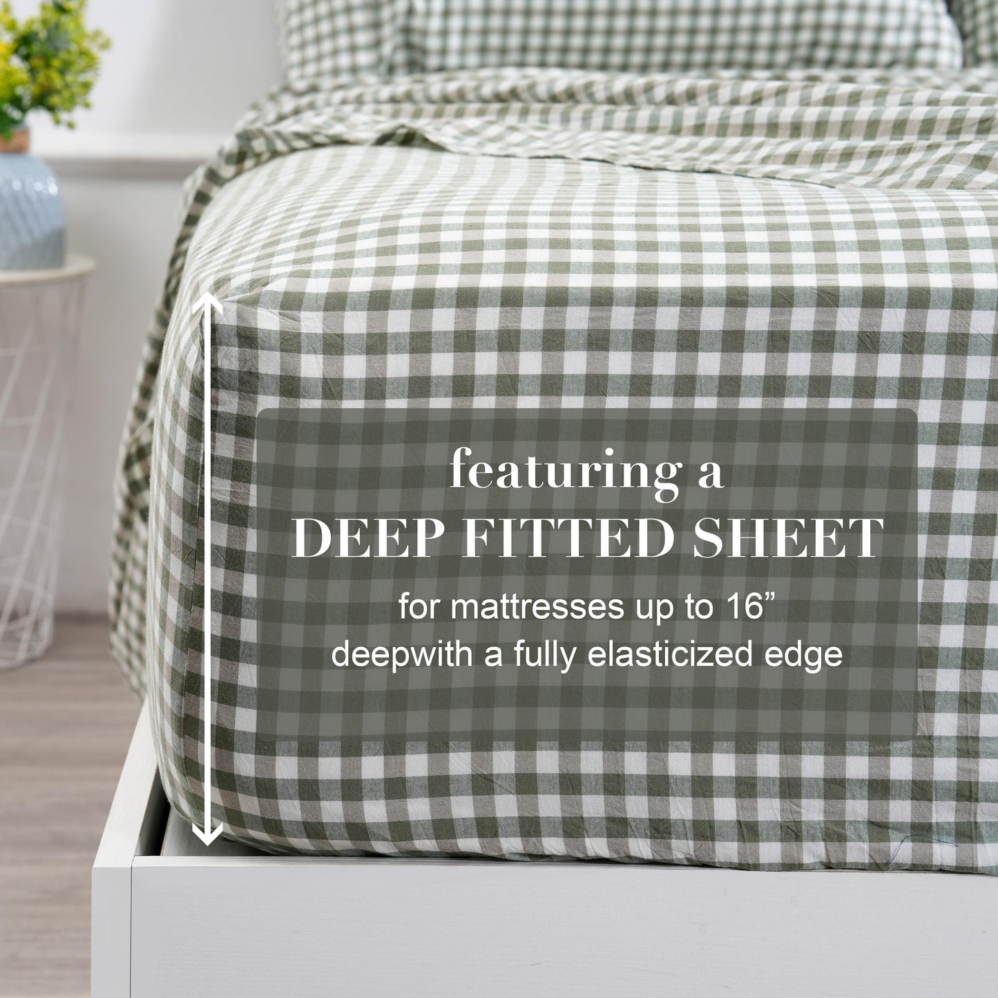 100% Cotton Full Sheet Set - 4 Piece Cotton Sheets Full Size Bed Set, Soft, Smooth, Durable, Easy Care, 16" Deep Pocket Checkered Green Sheets - 1 Flat, 1 Fitted, 2 Pillowcases