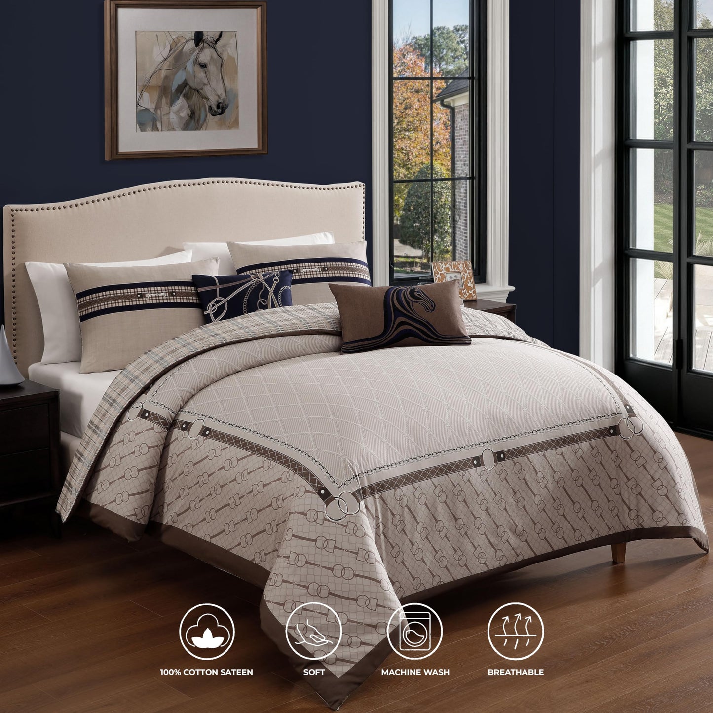 Bebejan Equestrian 5 Piece Comforter Set, 100% Cotton Sateen, 220 Thread Count, Tan Reversible Bedding Comforter Set, 1 Comforter, 2 Shams & 2 Pillows (King/Cal King)