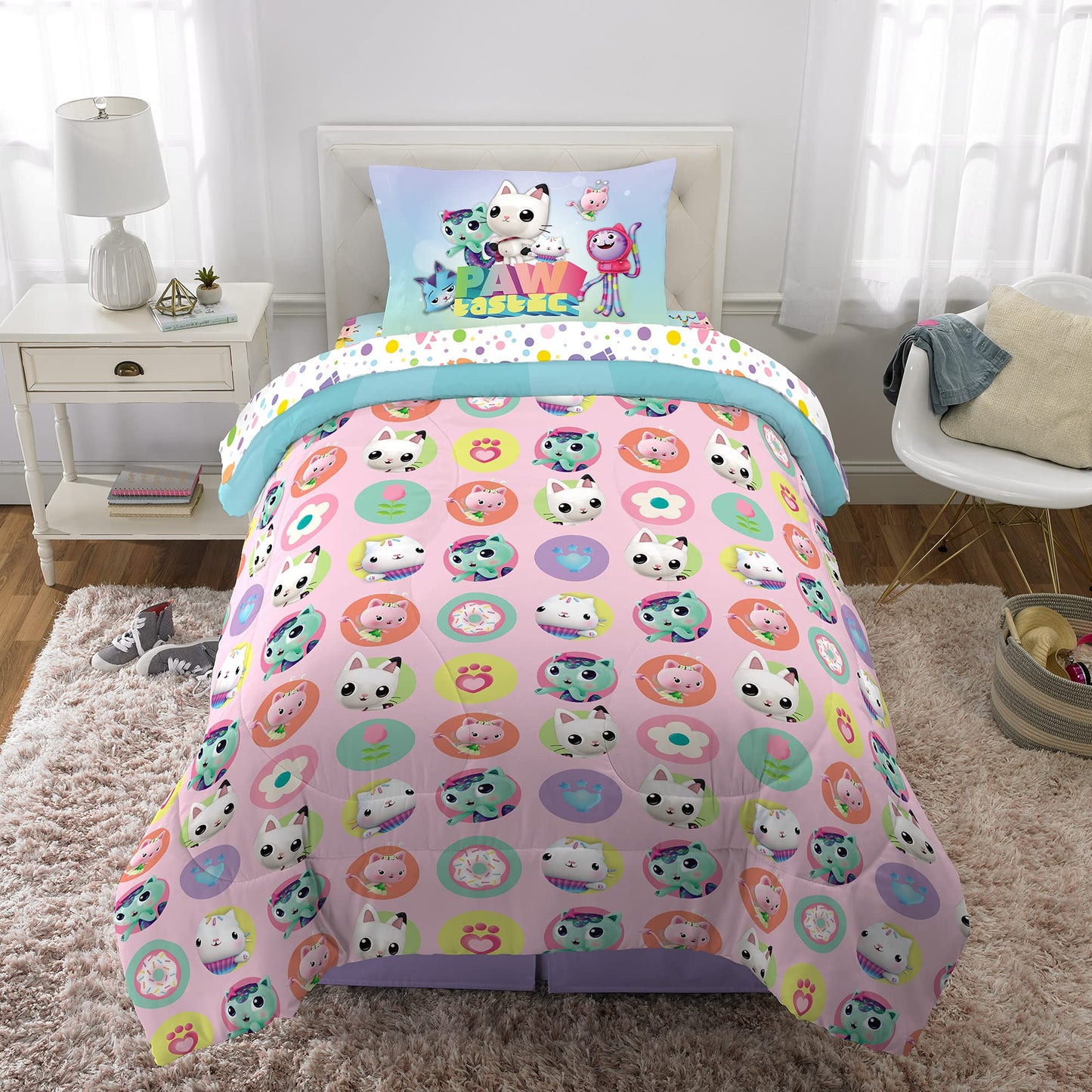 DreamWorks Gabby's Dollhouse Cakey, MerCat And Pandy Kids Bedding Super Soft Comforter And Sheet Set, 4 Piece Twin Size, By Franco