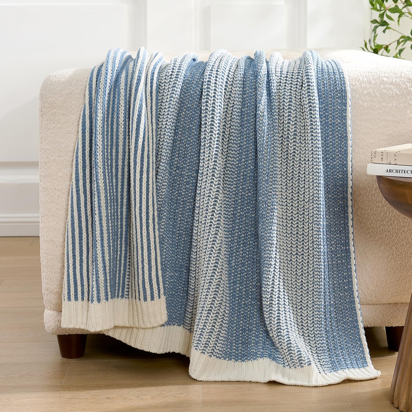 Amélie Home Chenille Knit Throw Blanket Set, Solid Chevron & Two-Tone Blue, Soft Decorative Blankets for Couch & Sofa, 50"x60" 2-Pack