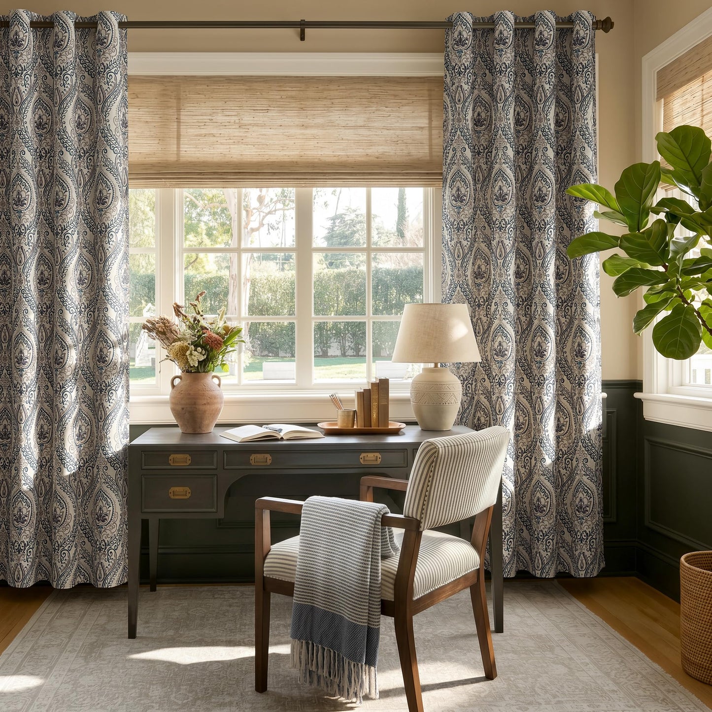 jinchan Curtains for Bedroom, Room Darkening Curtains 84 Inch Length 2 Panels Set, Linen Textured Medallion Drapes for Living Room, Vintage Damask Pattern Window Treatments, Blue on Greige