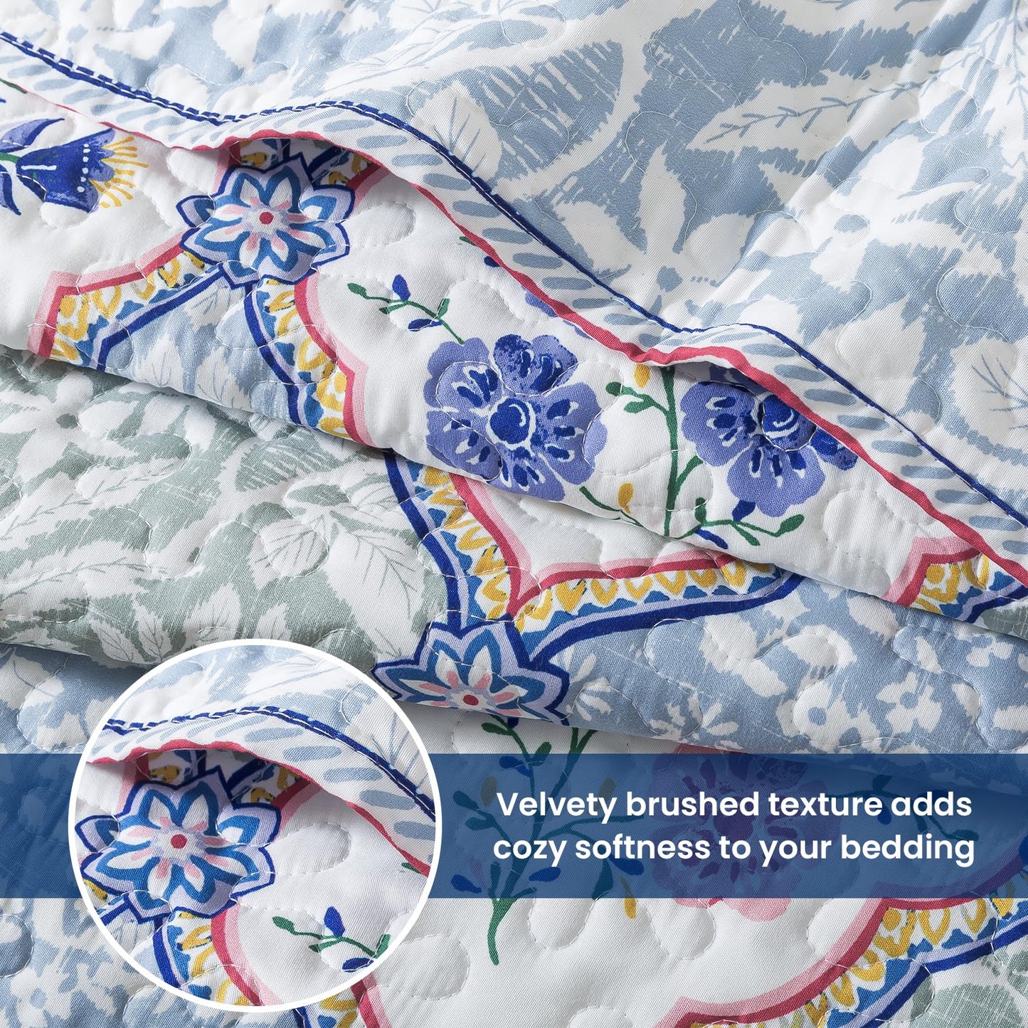 Etwel Lightweight Queen Size Quilt Set - Breathable Reversible Cotton Bedspread for Hot Sleepers, Farmhouse Floral Bedding Set with 2 Pillow Shams for All Season (90"x98", Light Blue Geometric)