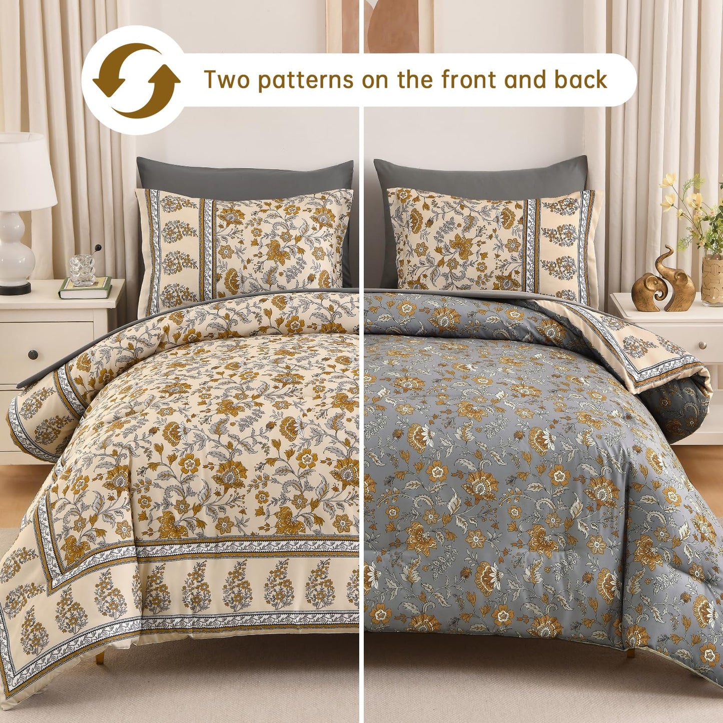 Dinjoy Boho Comforter Set Queen,Beige Brown Bedding Paisley Floral 7 Piece Bed in a Bag Reversible Lightweight Bohemain Comforters with Sheet Sets for All Season