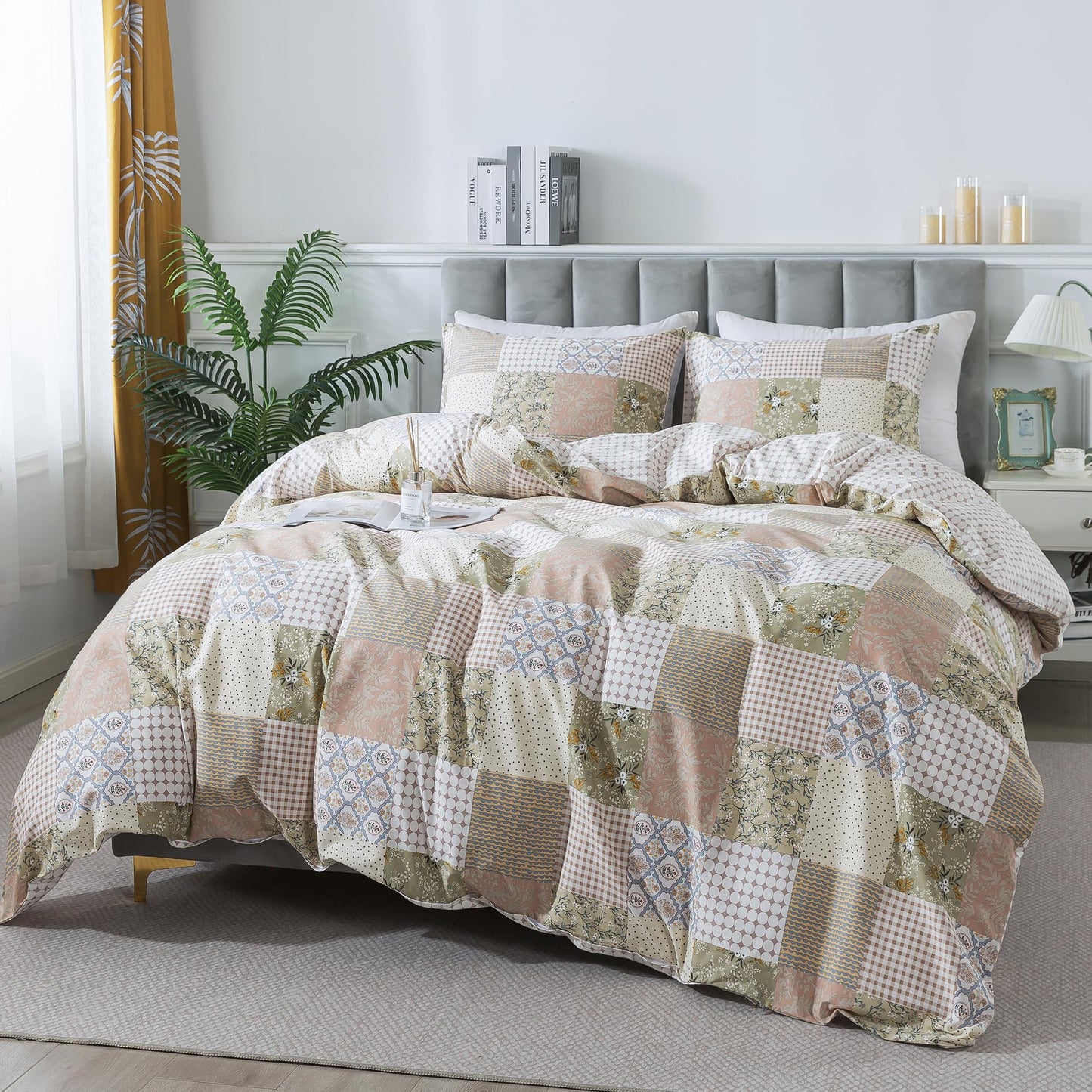 HoneiLife Duvet Dover King Size - 100% Cotton Comforter Cover, Patchwork Bedlinen Set with Zipper Closure & Corner Ties, 3-PC Rustic Comforter Cover Sets