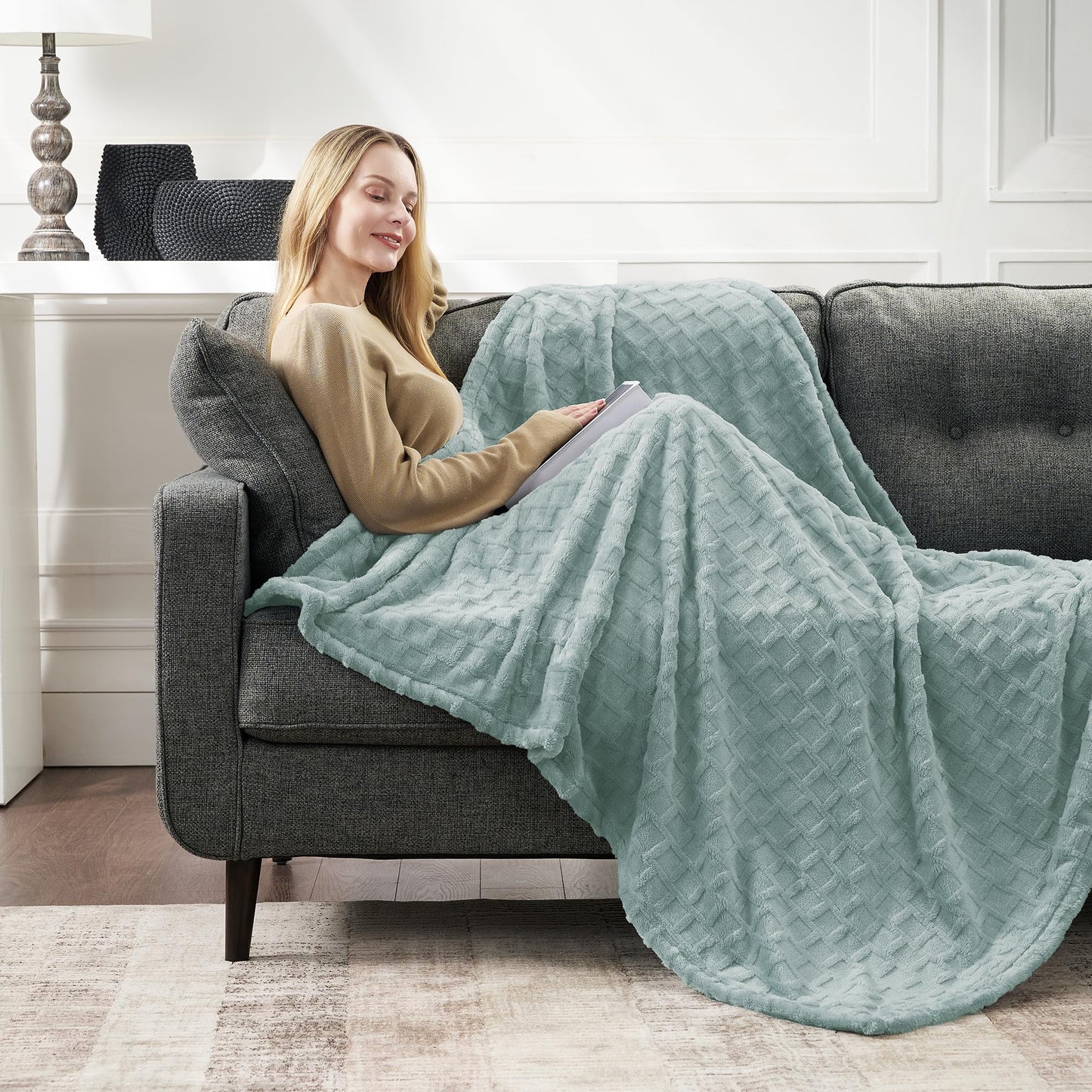 CBCHome Velvet Plush Jacquard Tile Throw Blanket for Couch - Buttery Soft, Cozy Throw, for Women (Aqua, 50" x 60")