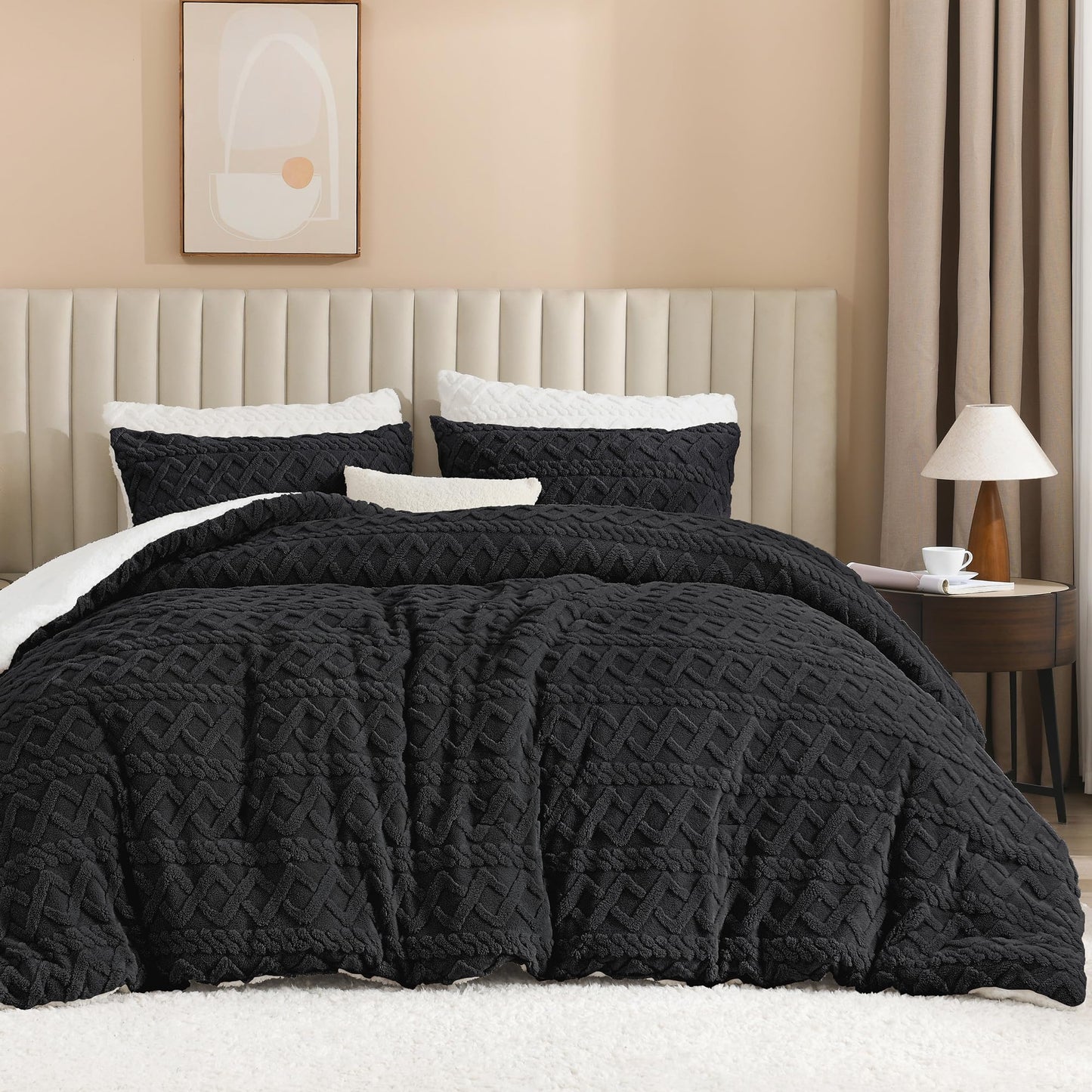 Andency Fluffy Comforter Set Queen Size, Black Sherpa Fleece Super Soft Warm Bedding for Winter, Luxury Boho Jacquard Thick Fuzzy Plush Bed Set 3 Pieces(1 Shaggy Comforter, 2 Pillowcases)