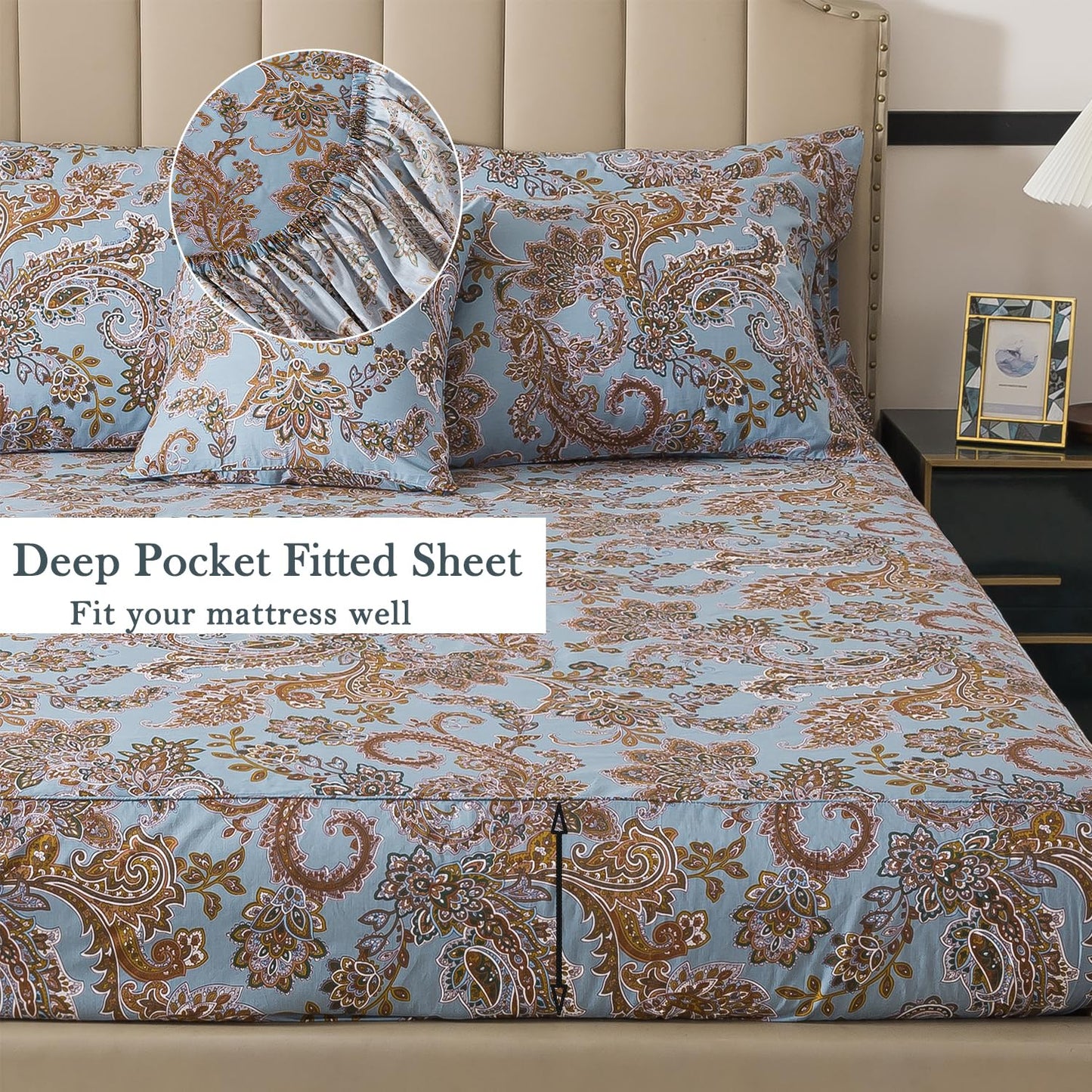 FADFAY Luxury Queen Percale Cotton Sheet Set – Elegant Vintage Blue Paisley Bedding, Ultra Soft & Breathable, Deep Pocket Fitted Sheet, Timeless French Country Heirloom Style, 4 Piece Set