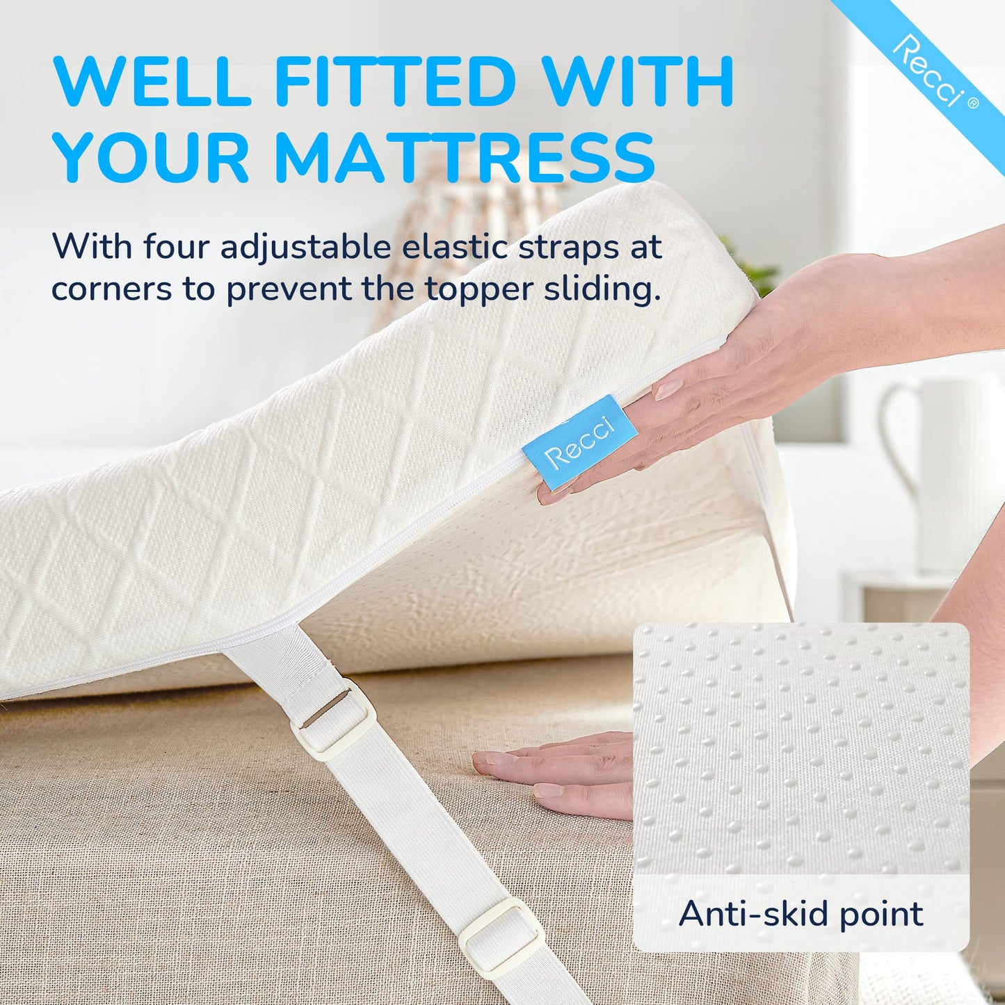 RECCI 3 Inch TwinXL Memory Foam Mattress Topper, College Dorm Pressure-Relieving Mattress Topper for Back Pain, Non-Slip Design with Removable & Washable Cover, CertiPUR-US Certified, TwinXL Size