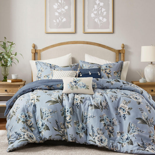 Madison Park Vintage Floral Reversible Comforters Set Queen Size Bed, All Season, Down Alternative Bedding Comforter, Bedskirt, Pillows, Shams, Blue 7 Piece
