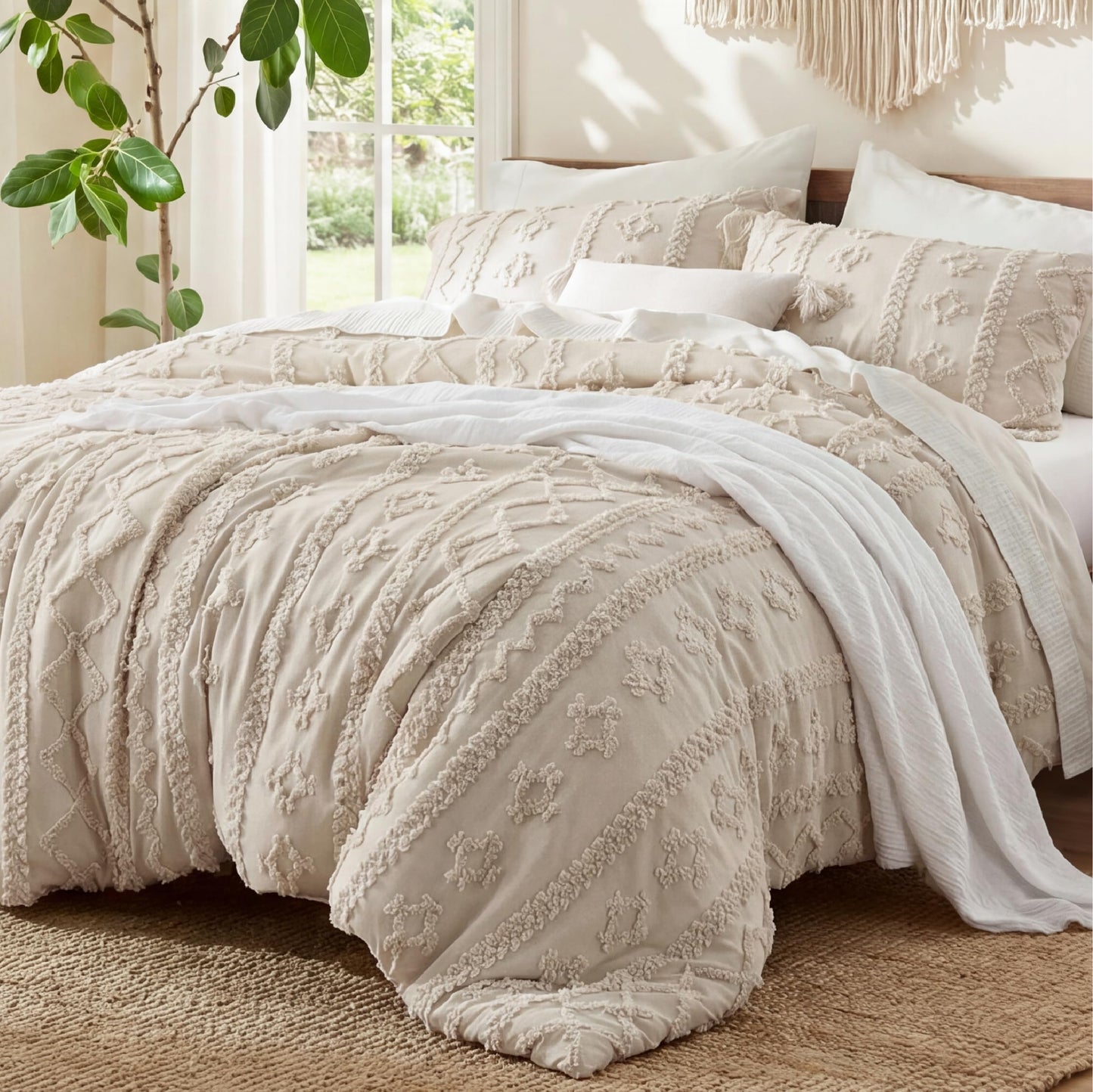Bedsure Tufted Boho Comforter Set Queen Size - Beige Boho Bed Set, GentleSoft™ 3 Pieces Farmhouse-Style Embroidery Bedding, Gifts for Woman, Soft Jacquard Kids' Queen Comforter for All Seasons