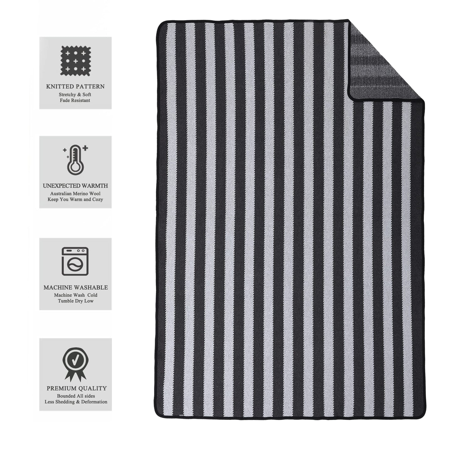 PuTian Merino Wool Blanket - 63" x 51" Thick Warm Soft Twin Bed Throw - Great for Camping, Outdoors, Travel, Car, Couch, All Seasons Grey Stripe