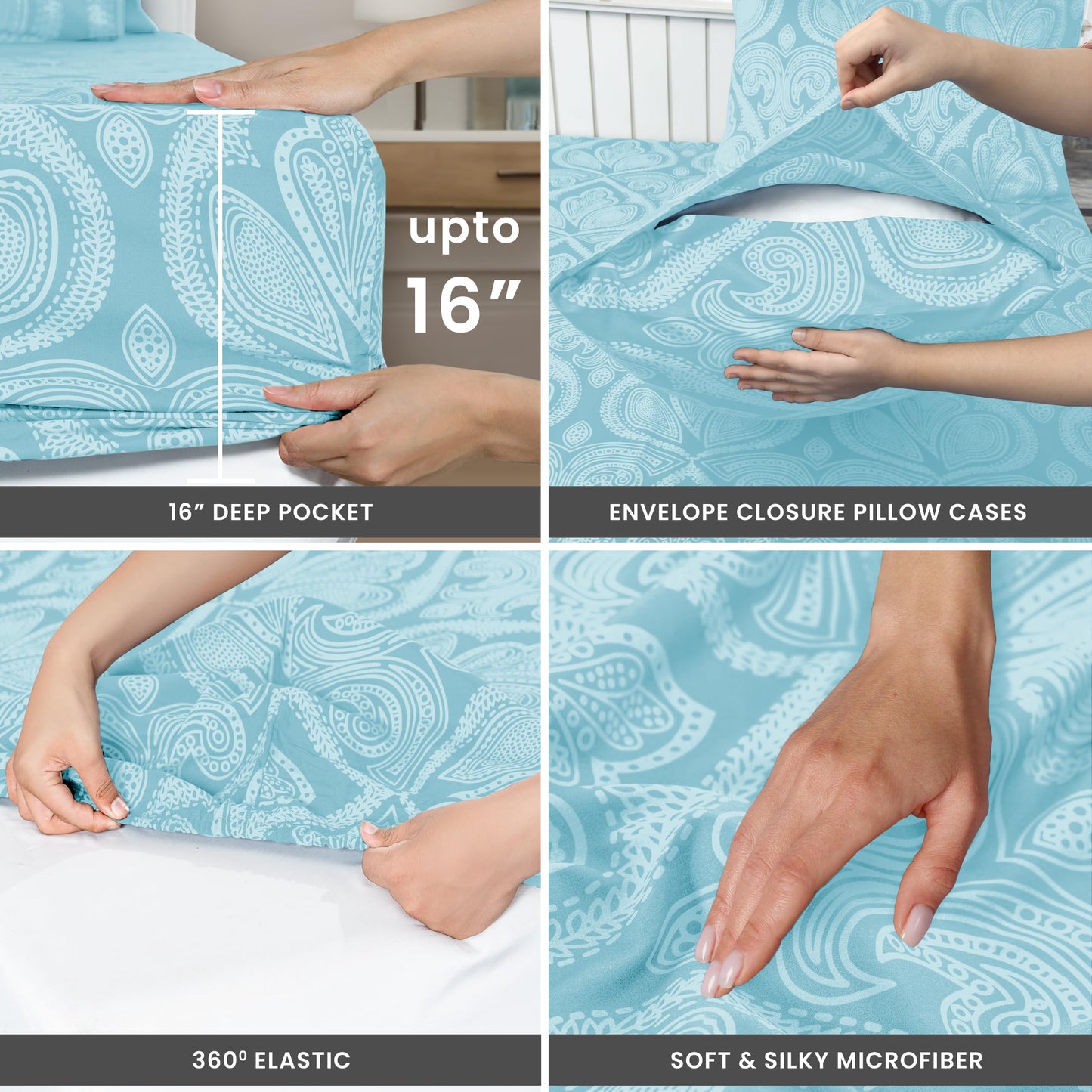 Hannah Linen Paisley King Sheet Set, 4 PC Soft Microfiber Wrinkle Free Sheets - Luxurious Printed Bed Sheets Includes Flat Sheet, Fitted Sheet with Deep Pockets, & 2 Pillowcases - Blue
