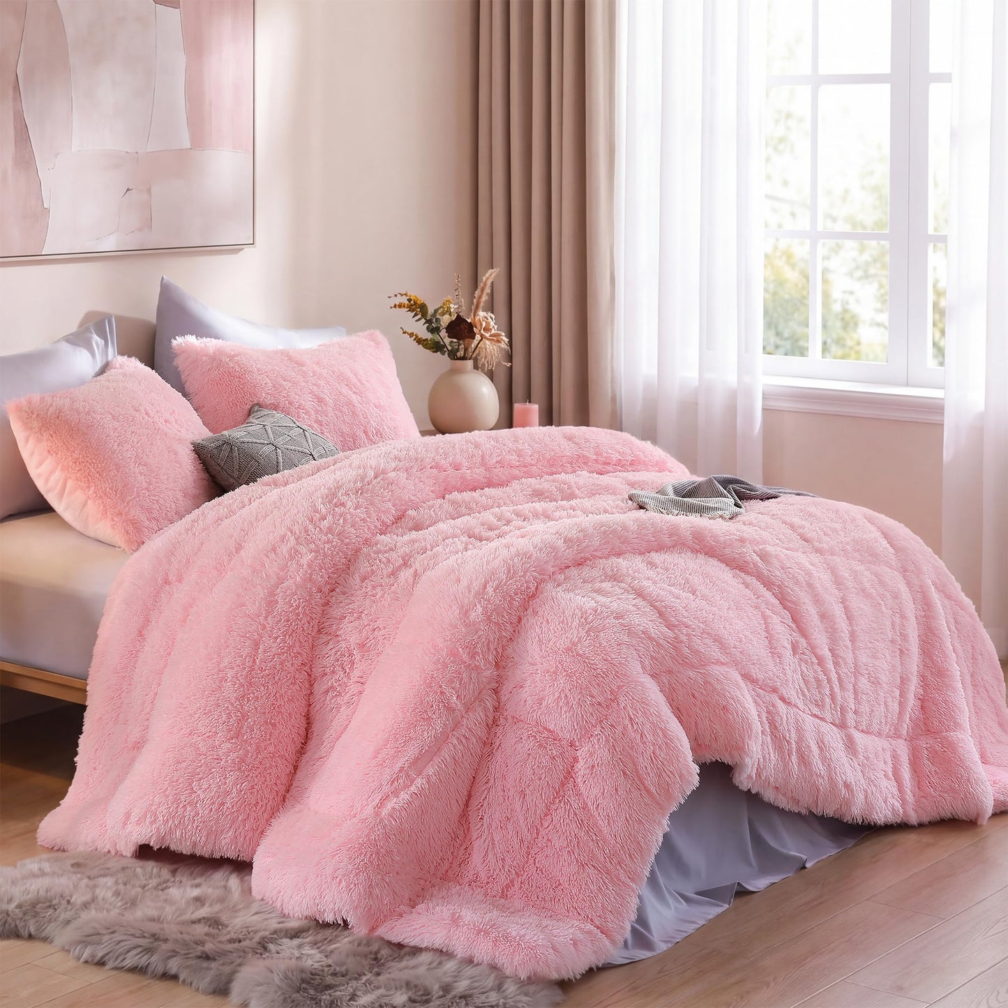 Smoofy Fluffy Queen Comforter Set, Faux Fur Pink Comforter Set Queen Size, Luxury Fuzzy Bedding Set, Soft Shaggy Bed Set Pink for All Season, 3 Pieces - 1 Comforter & 2 Pillowcases