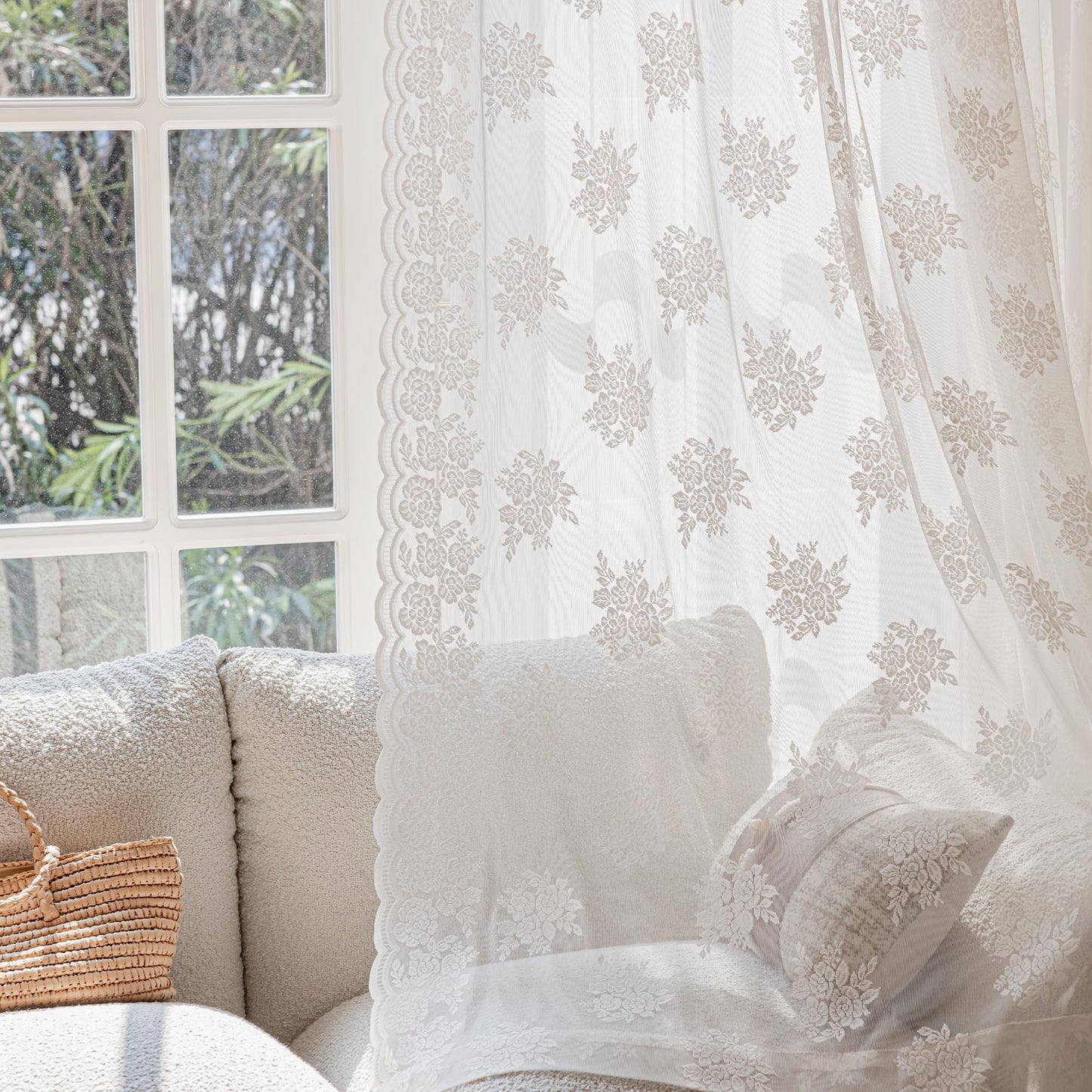 Ivory Lace Curtains 84 Inch Long Vintage Rose with Scalloped Edges Semi Sheer Curtain Drapes for Living Room, Bedroom Cream Lace Window Sheer Curtains with Rod Pocket, 57"W x 84"L, 2 Panels