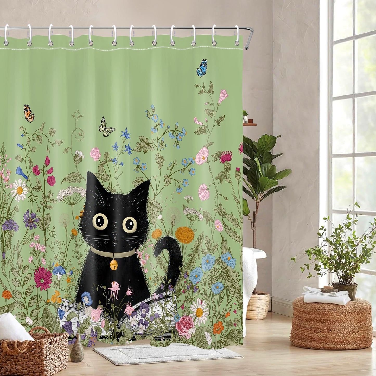 Art_Angels Cute Cat Shower Curtain Wildflower Plant Shower Curtains for Bathroom Flower Butterfly Shower Curtain Set Polyester Waterproof Cloth Fabric with Hooks, 72x72 Inches, Green