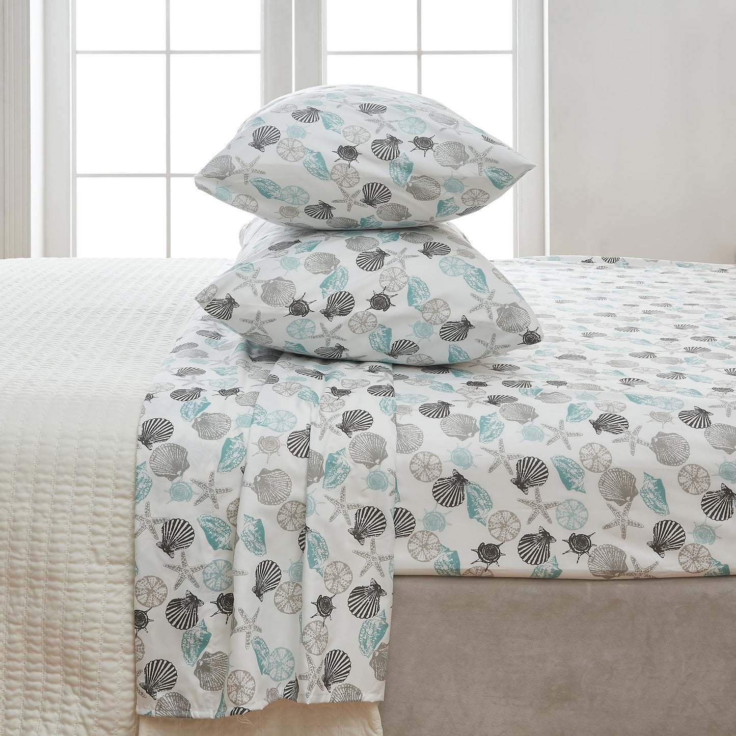 Great Bay Home Twin Coastal Microfiber Sheet Set - 3-Piece Nautical-Printed, Ultra-Soft Sheets - Beach-Themed Bedding Sheets & Pillowcases (Seashell)