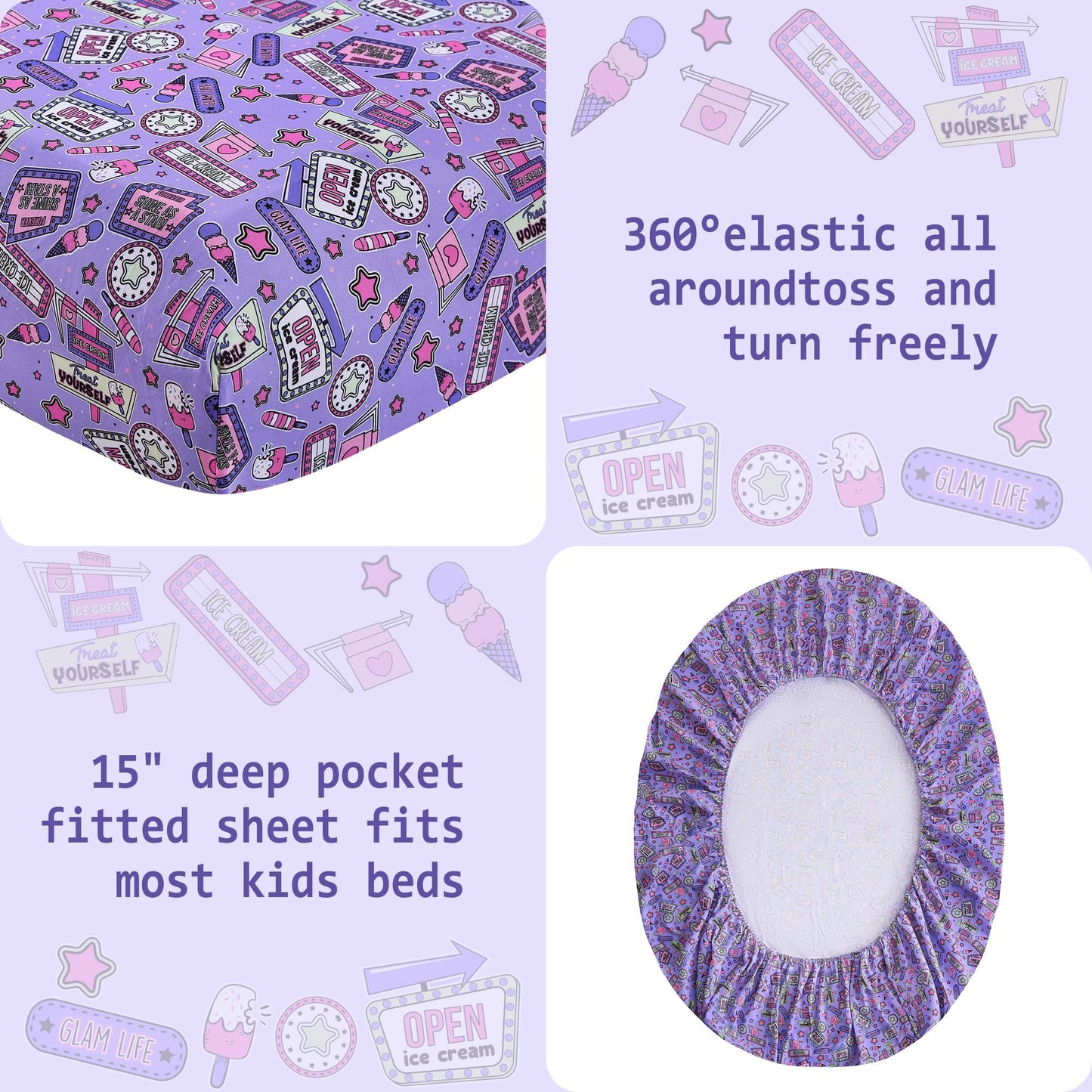 Softan Kids Bed Sheet Set, 3-Piece Twin Sheets Set, Microfiber Fitted Sheet with 15 Inches Deep Pocket and Corner Straps, Breathable & Silky Soft Cool Girl Printed Sheet and Pillowcase Sets