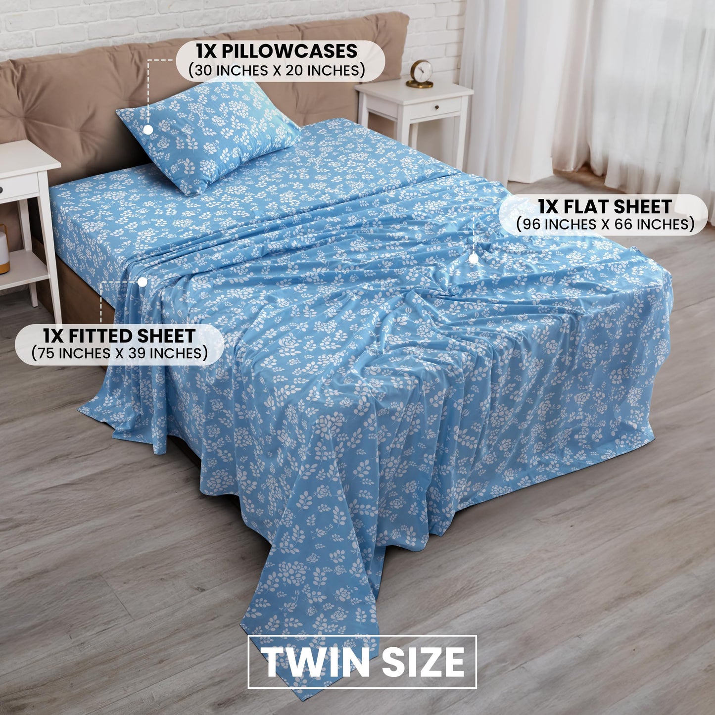 LUX Décor Floral Twin Sheet Set - 3 Piece Ultra-Soft Microfiber Bed Sheets with Flat Sheet, 16 Inches Deep Pocket Fitted Sheet & Pillowcases, Breathable, Bedroom Decor, Oeko-TEX - Blue